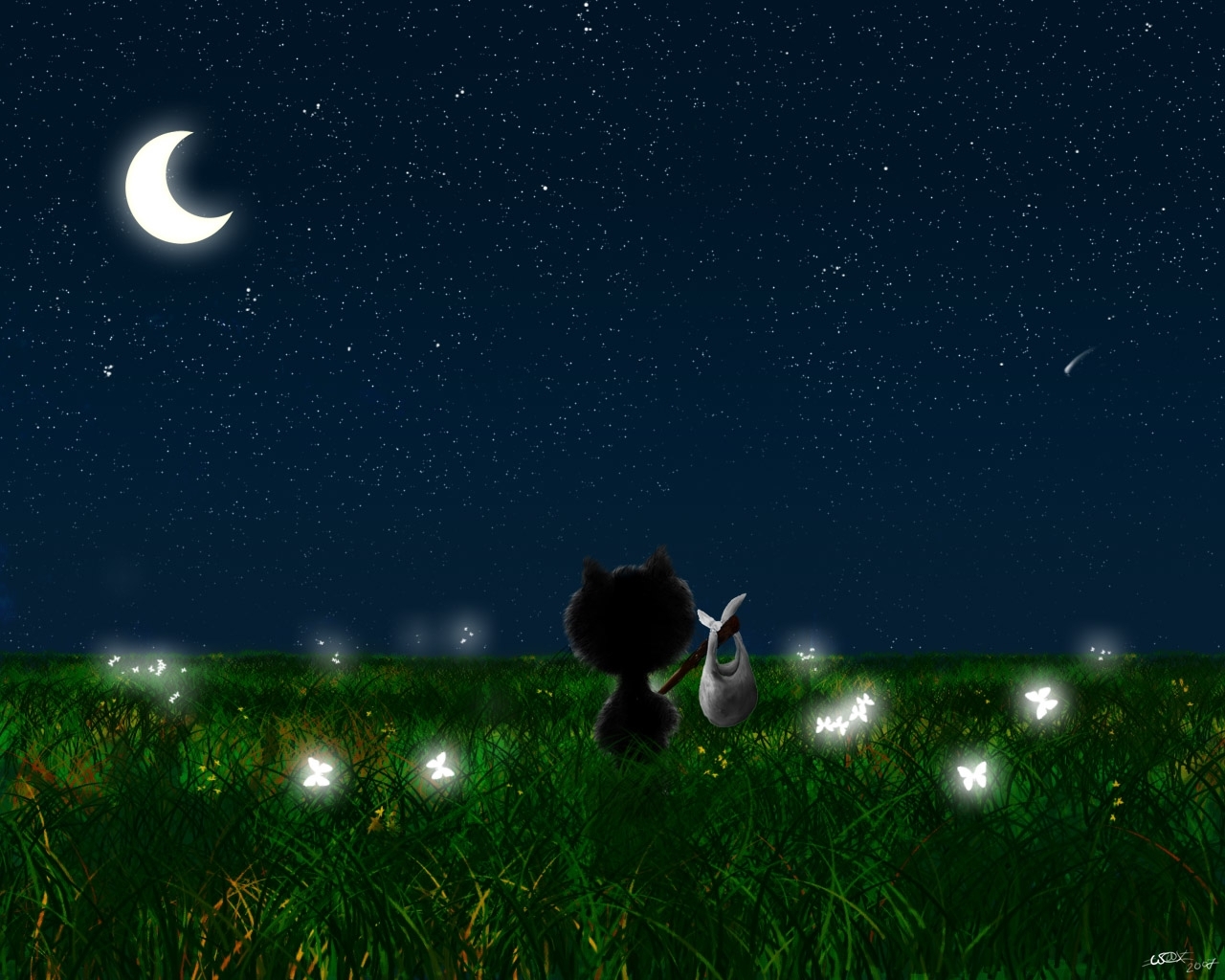 pictures, black, cats, landscape, grass, night, moon High Definition image