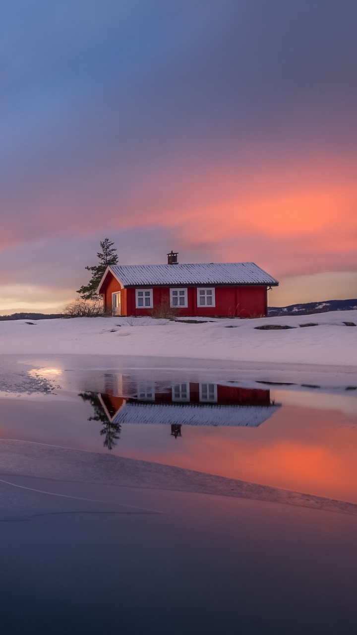 Download mobile wallpaper Winter, Sunset, Ice, Snow, Lake, Tree, House, Photography for free.