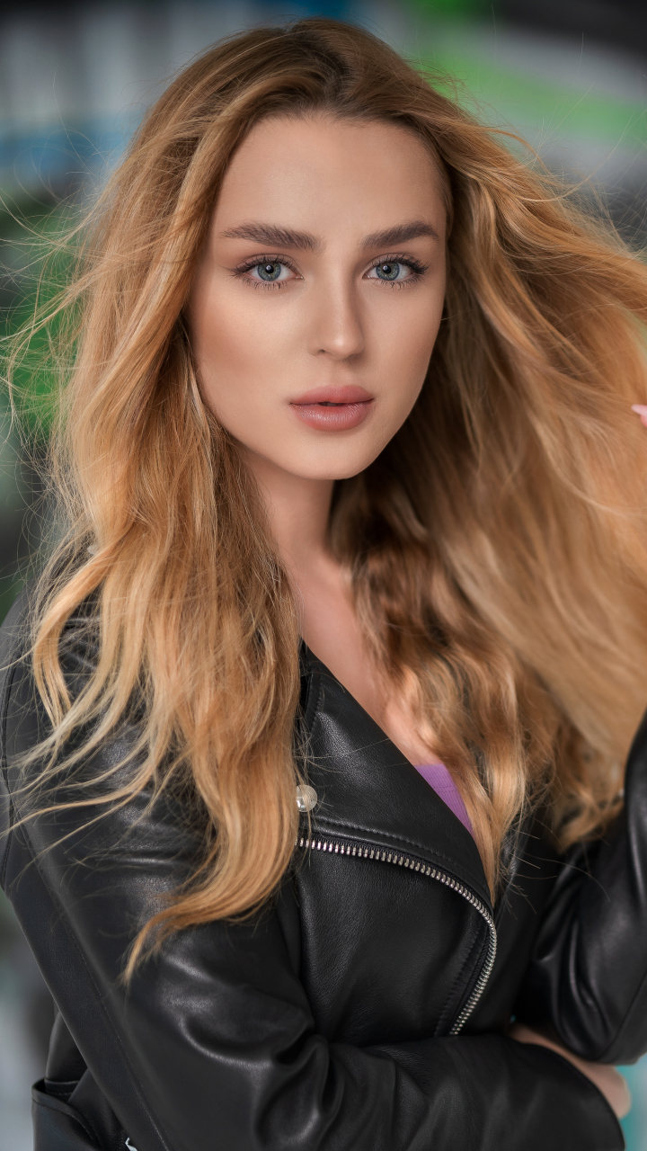 Download mobile wallpaper Blonde, Model, Women, Leather Jacket for free.