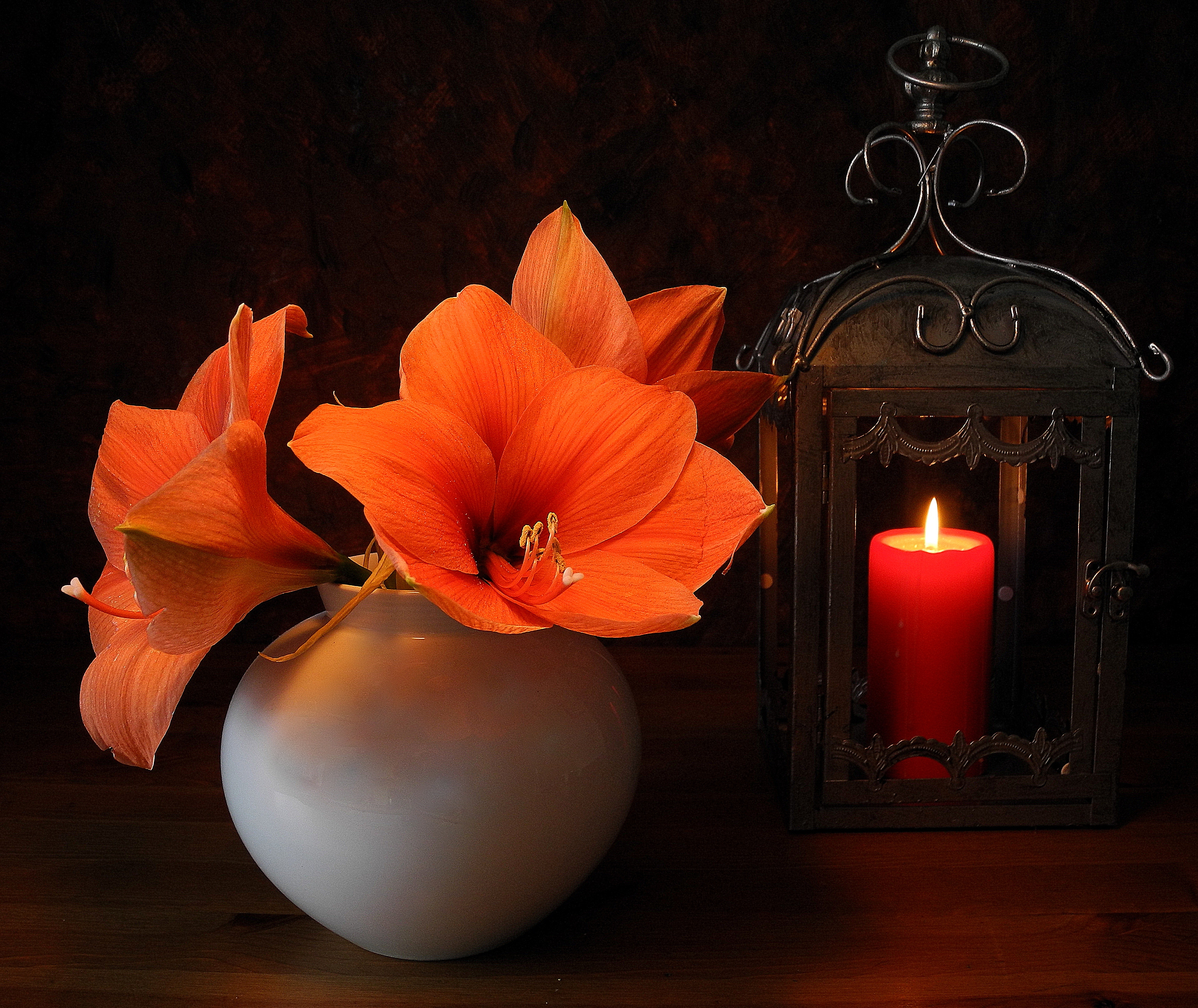 Download mobile wallpaper Still Life, Lamp, Lantern, Vase, Lily, Candle, Photography, Orange Flower for free.