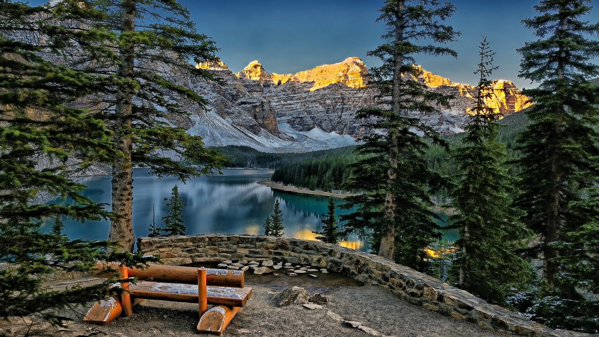 Free download wallpaper Mountain, Lake, Canada, Forest, Bench, Moraine Lake, Man Made on your PC desktop