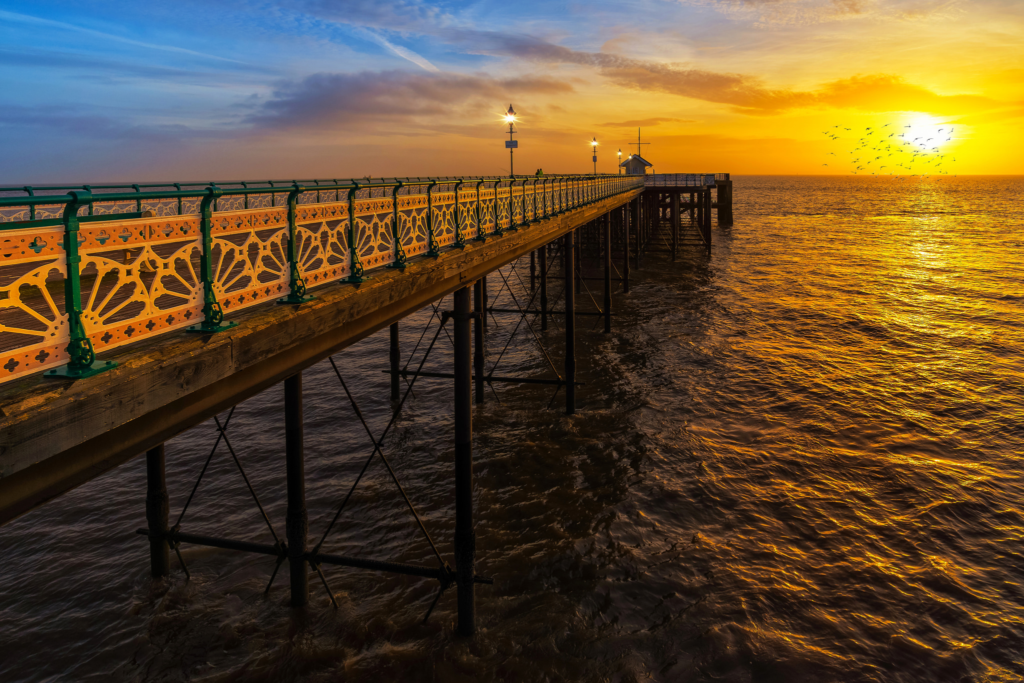 Laden Sie das Horizont, Seebrücke, Vogel, Ozean, Meer, Himmel, Sonnenuntergang, Menschengemacht-Bild kostenlos auf Ihren PC-Desktop herunter