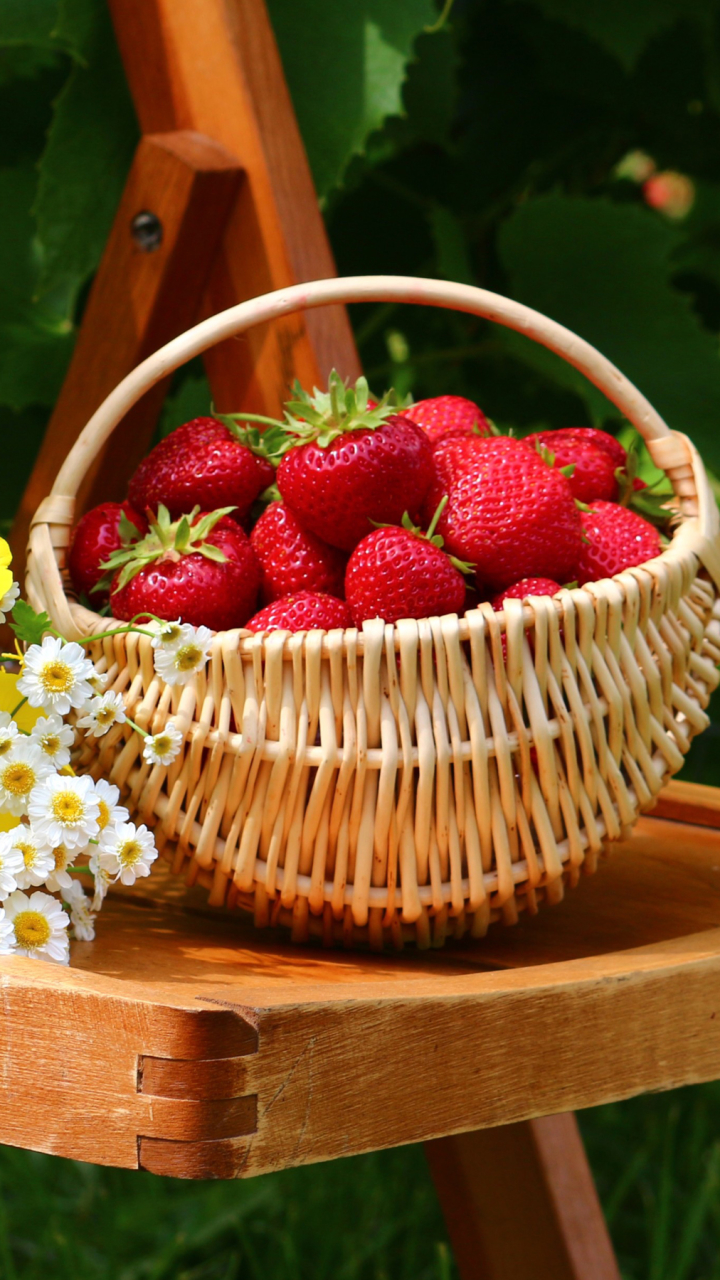 Handy-Wallpaper Natur, Erdbeere, Blume, Garten, Korb, Nahrungsmittel, Früchte kostenlos herunterladen.