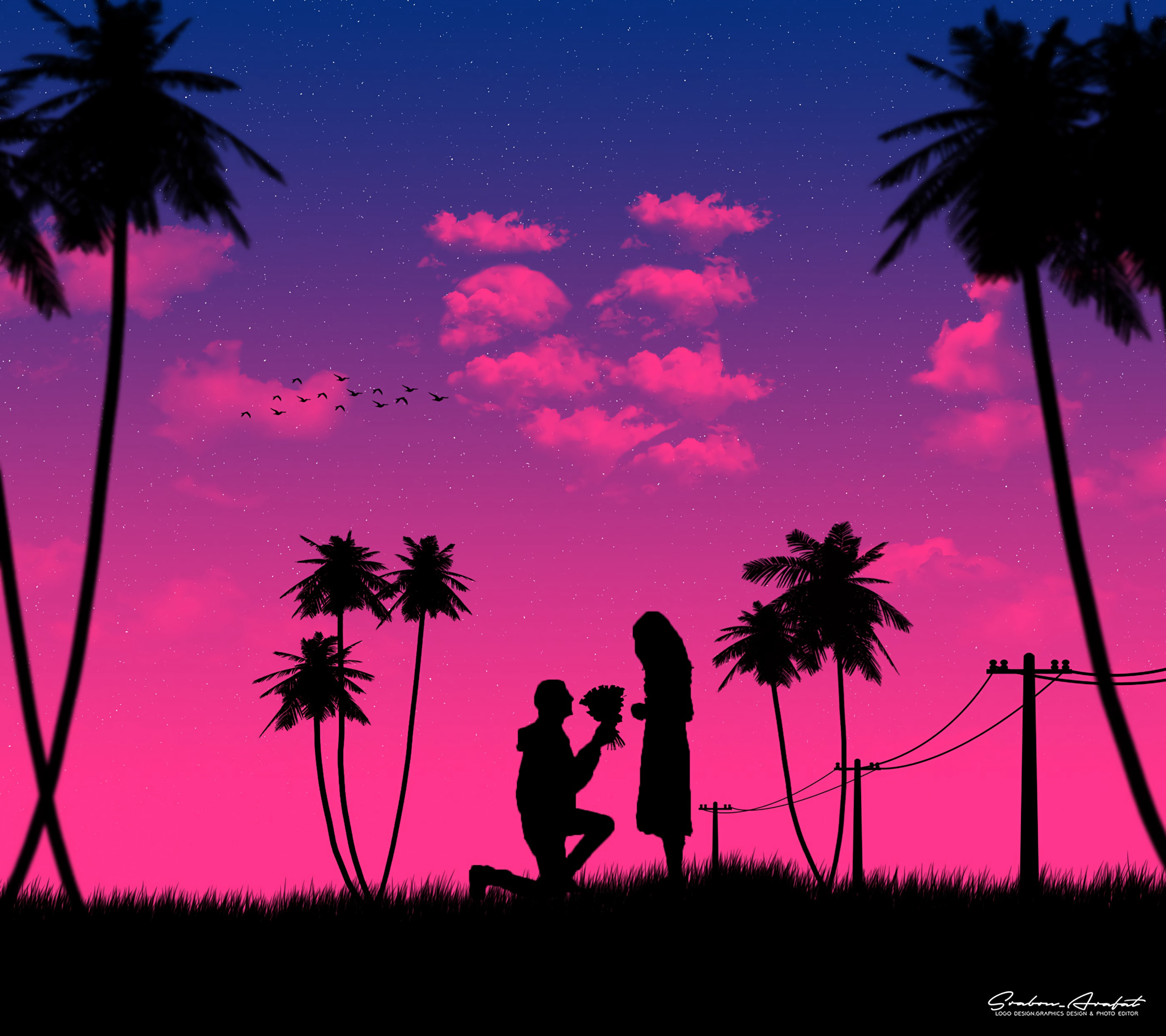 love, romance, couple, night, silhouettes, art, pair HD wallpaper