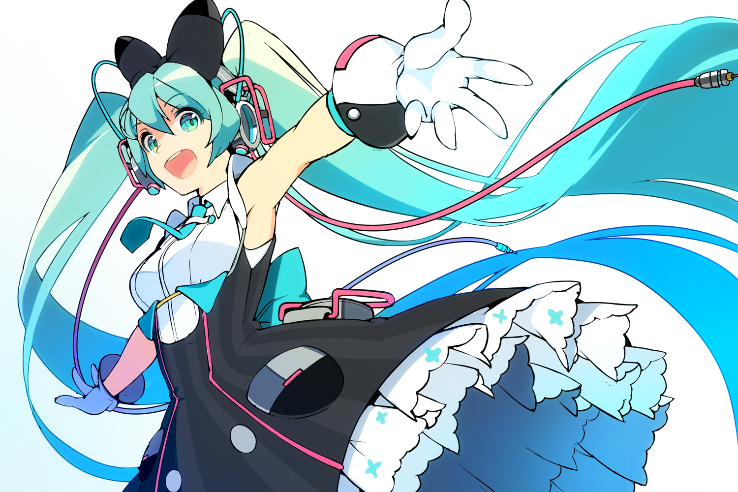Free download wallpaper Anime, Headphones, Smile, Vocaloid, Glove, Dress, Tie, Blue Eyes, Blue Hair, Hatsune Miku, Long Hair, Twintails, Bow (Clothing) on your PC desktop