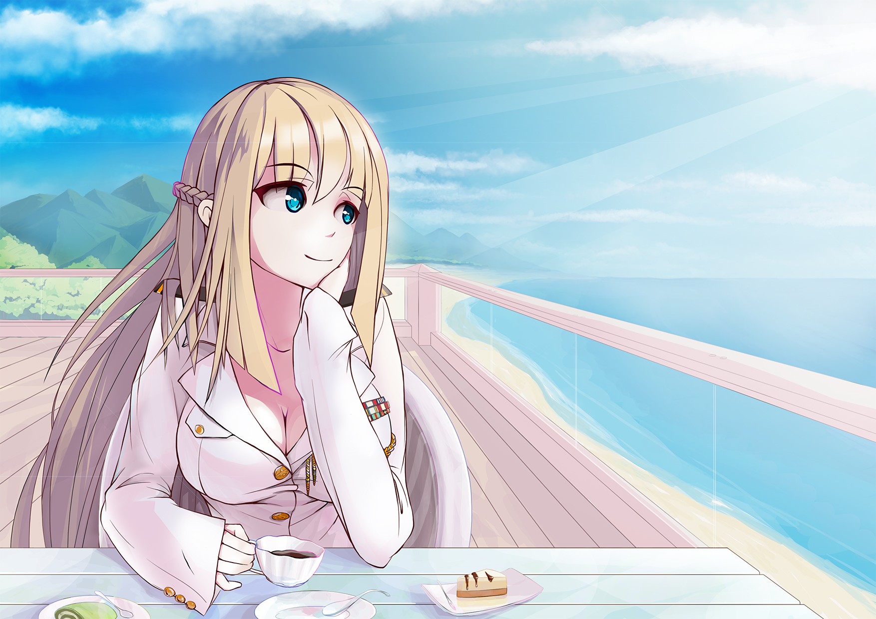 Free download wallpaper Anime, Sea, Beach, Blonde, Uniform, Blue Eyes, Original, Long Hair on your PC desktop