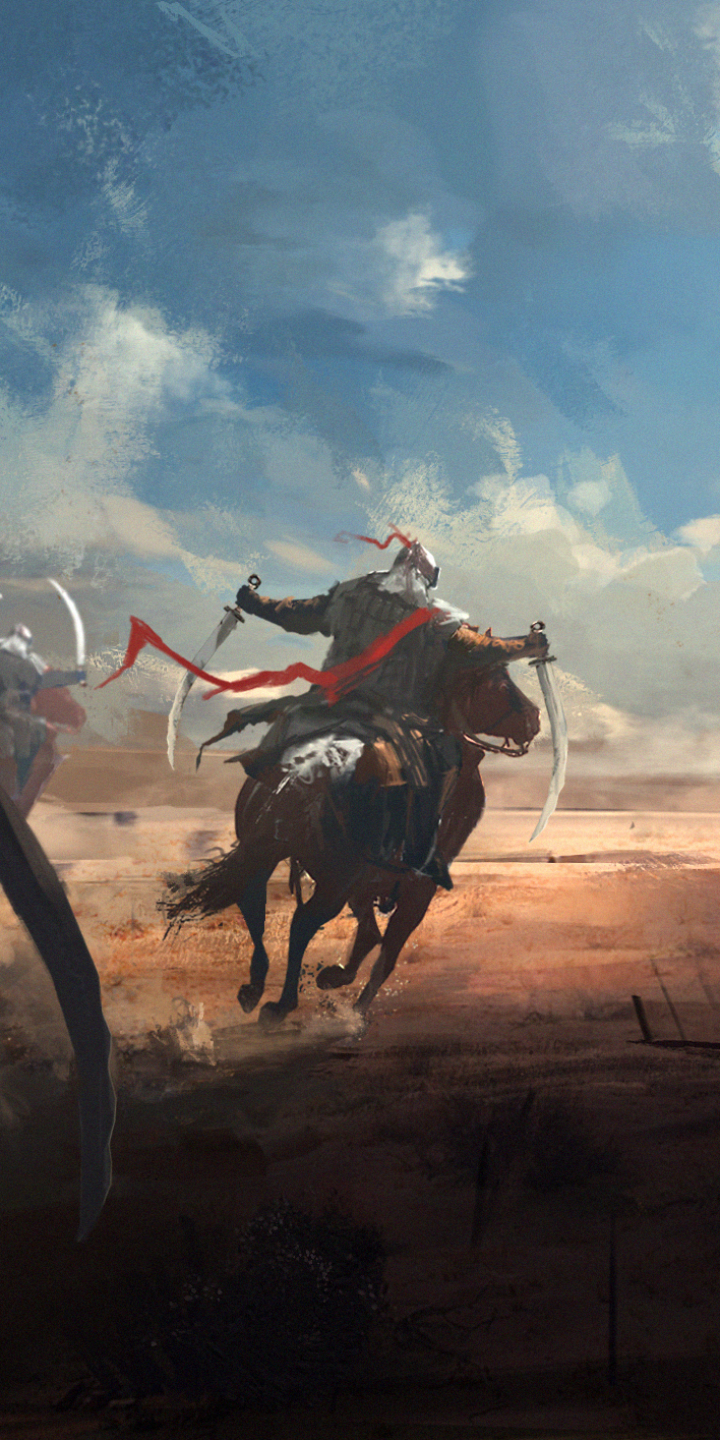 Download mobile wallpaper Fantasy, Desert, Warrior, Horse, Sword for free.