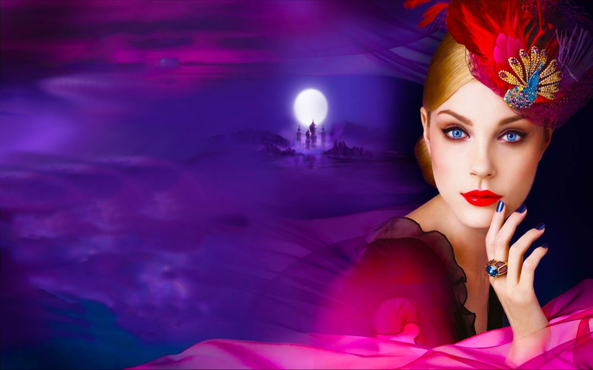 Laden Sie das Fantasie, Mond, Blume, Bunt, Gesicht, Frauen, Blaue Augen, Schloss, Lippenstift-Bild kostenlos auf Ihren PC-Desktop herunter