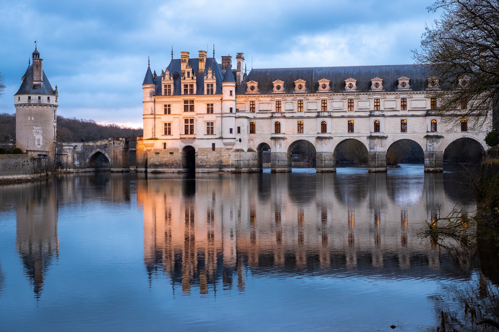 man made, château de chenonceau, castle, france, reflection, river, sunset, castles