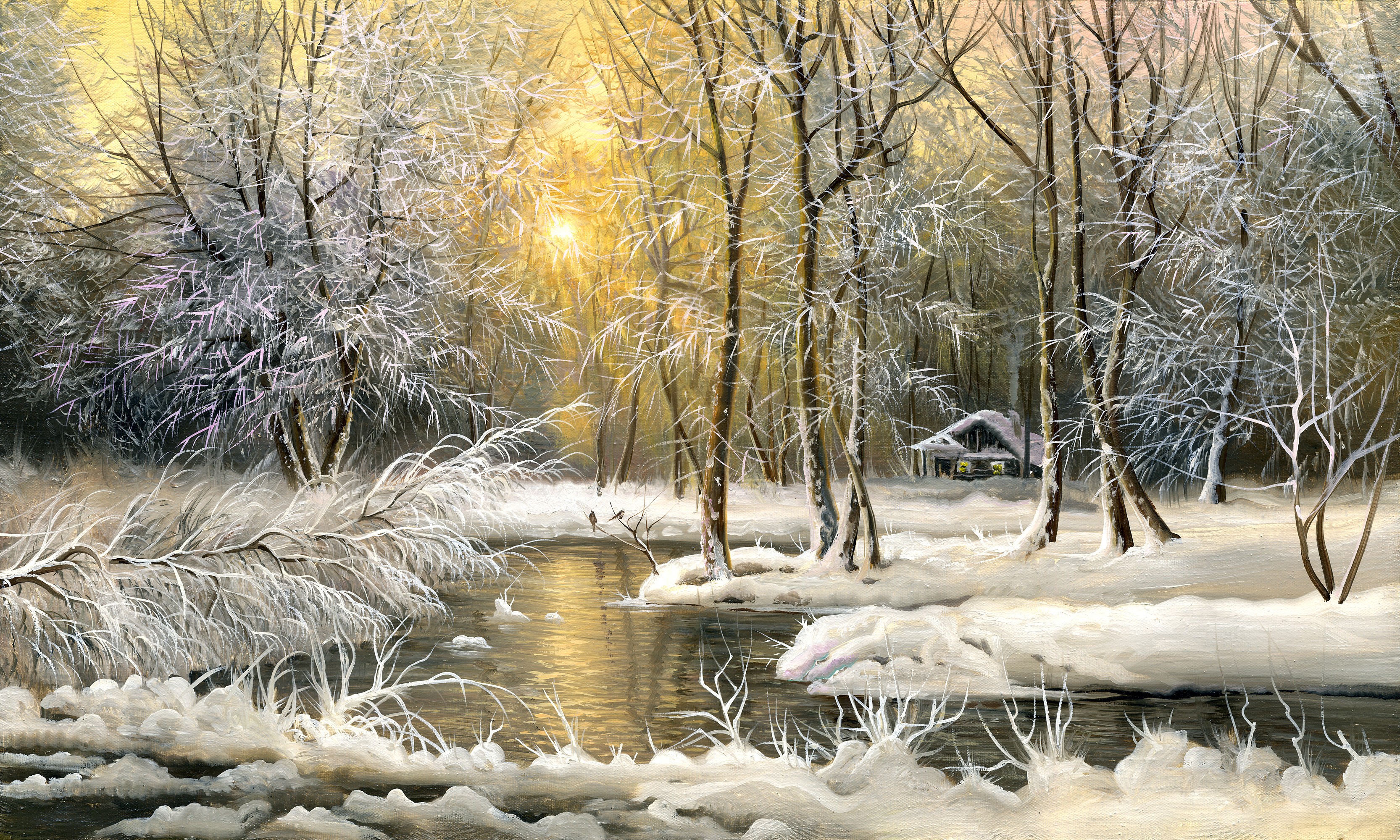 Laden Sie das Winter, Schnee, Wald, Baum, Fluss, Malerei, Sonnenuntergang, Sonne, Künstlerisch-Bild kostenlos auf Ihren PC-Desktop herunter