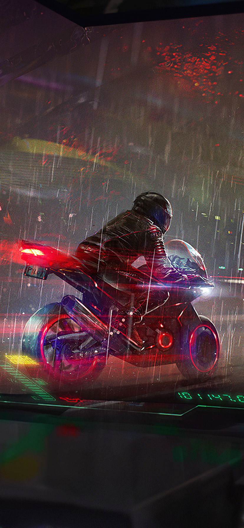 Download mobile wallpaper Rain, Cyberpunk, Motorcycle, Sci Fi, Futuristic, Vehicle for free.
