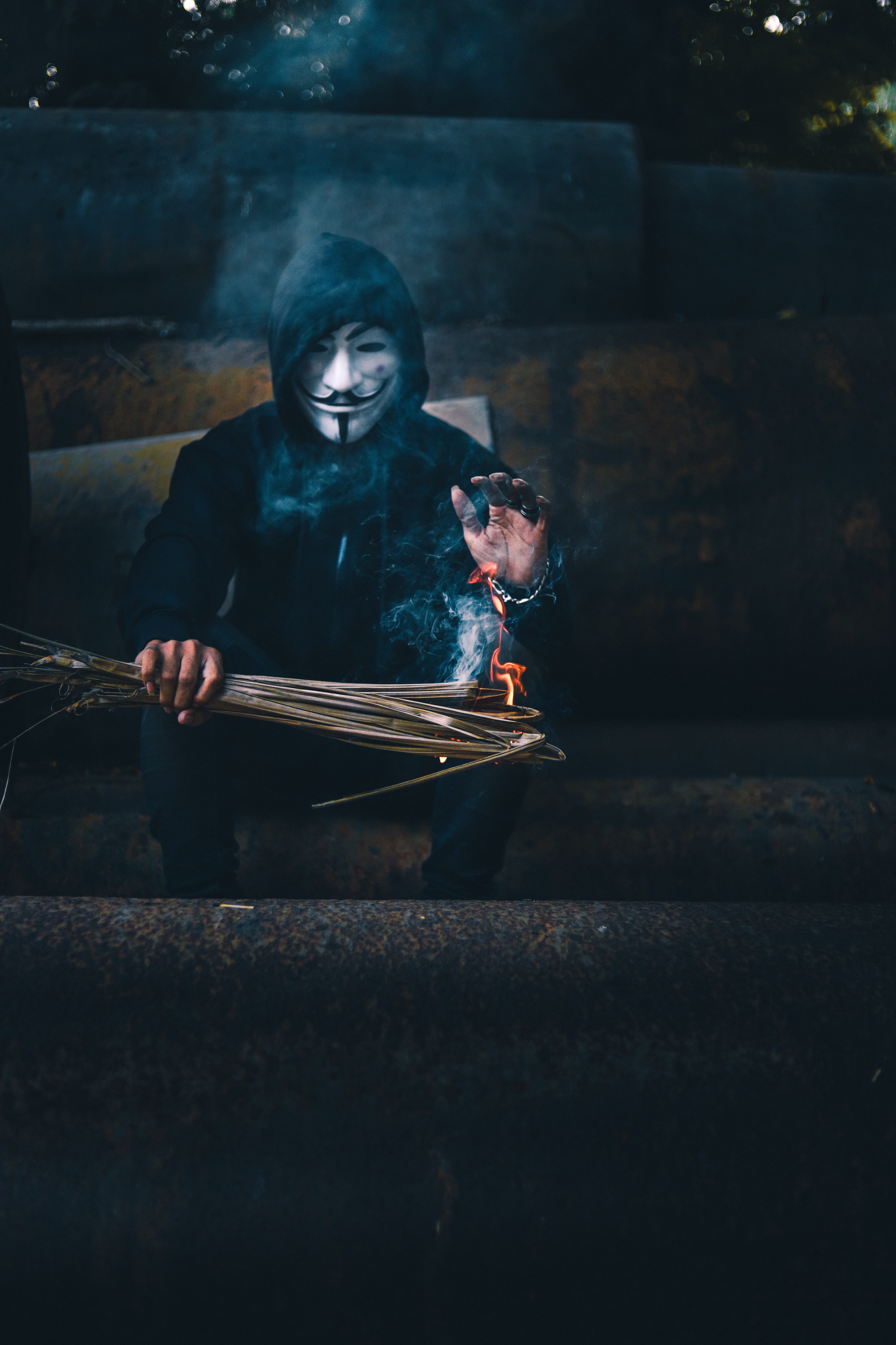 Free download wallpaper Miscellanea, Miscellaneous, Fire, Hood, Mask, Anonymous on your PC desktop