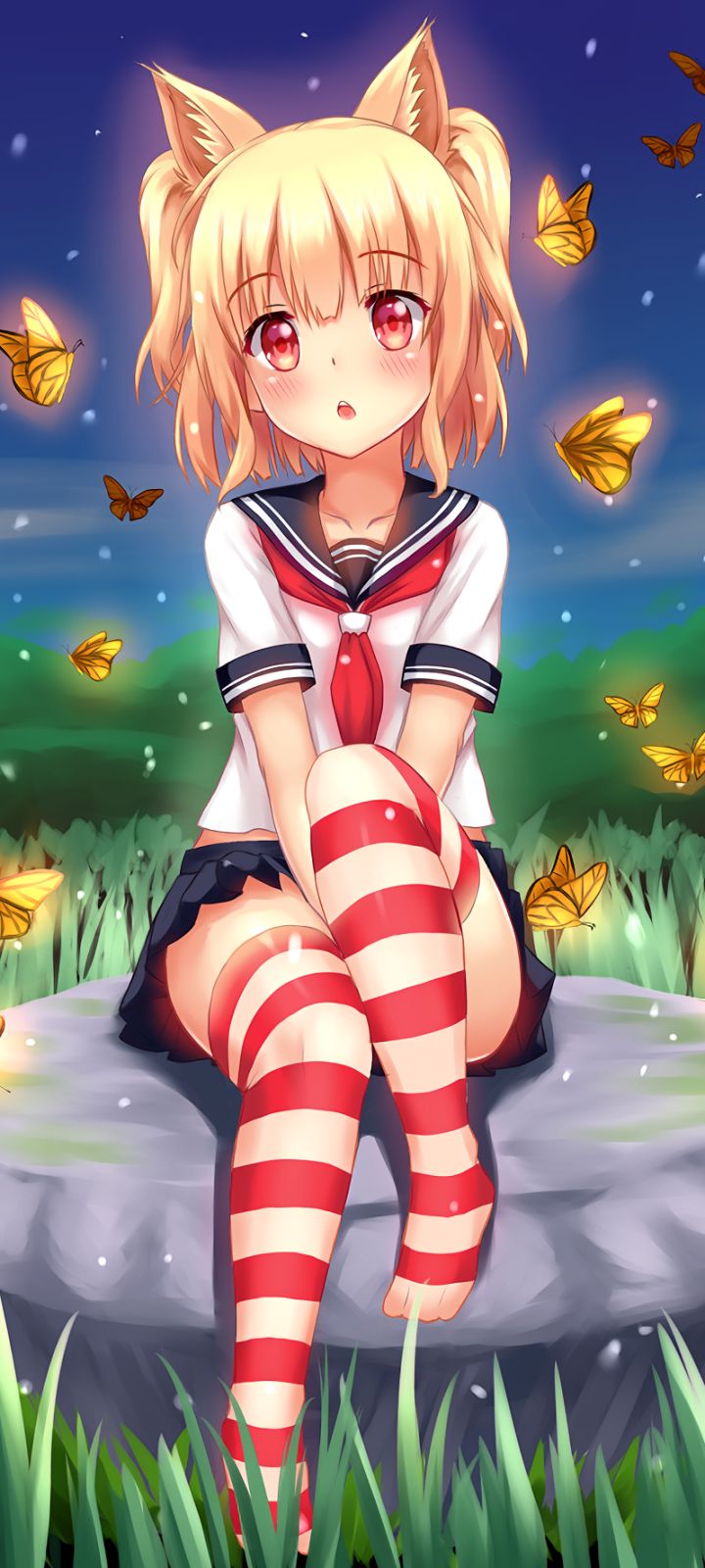 Descarga gratuita de fondo de pantalla para móvil de Mariposa, Rubio, Animado, Uniforme Escolar, Ojos Rojos, Chica, Cabello Corto, Rubia, Orejas De Animales.