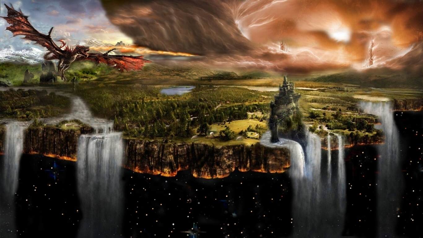 PCデスクトップに風景, ファンタジー, 滝, 城, ドラゴン画像を無料でダウンロード