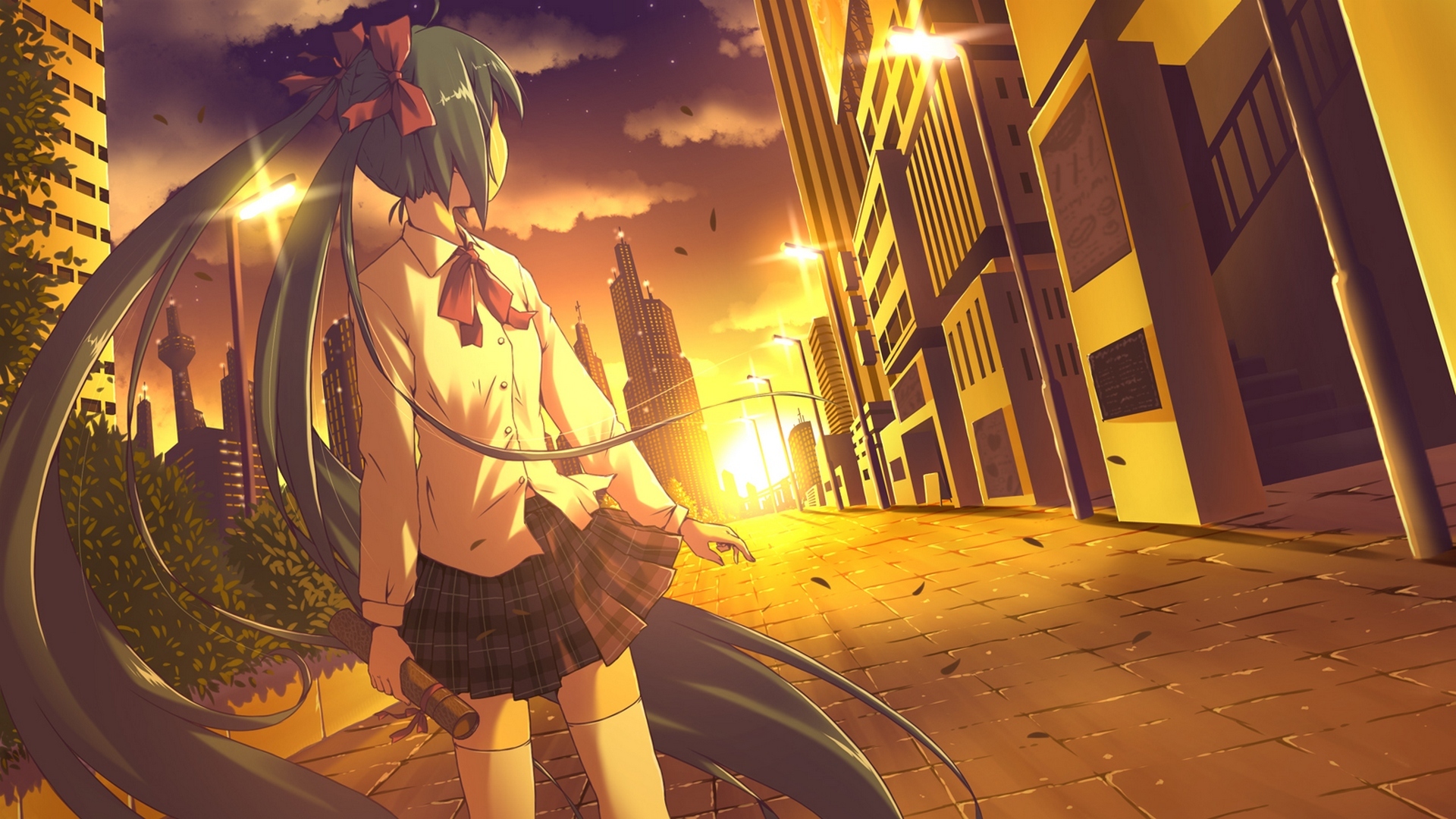 Download mobile wallpaper Anime, Sunset, Building, Light, Vocaloid, Blue Hair, School Uniform, Hatsune Miku, Twintails, Bow (Clothing) for free.