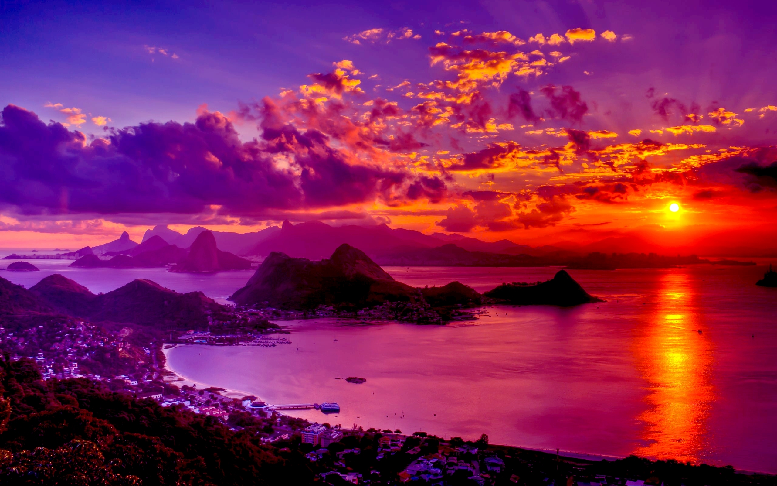 Download mobile wallpaper Cities, Sunset, Sky, Sea, Gold, Ocean, Purple, Rio De Janeiro, Man Made, Orange (Color) for free.