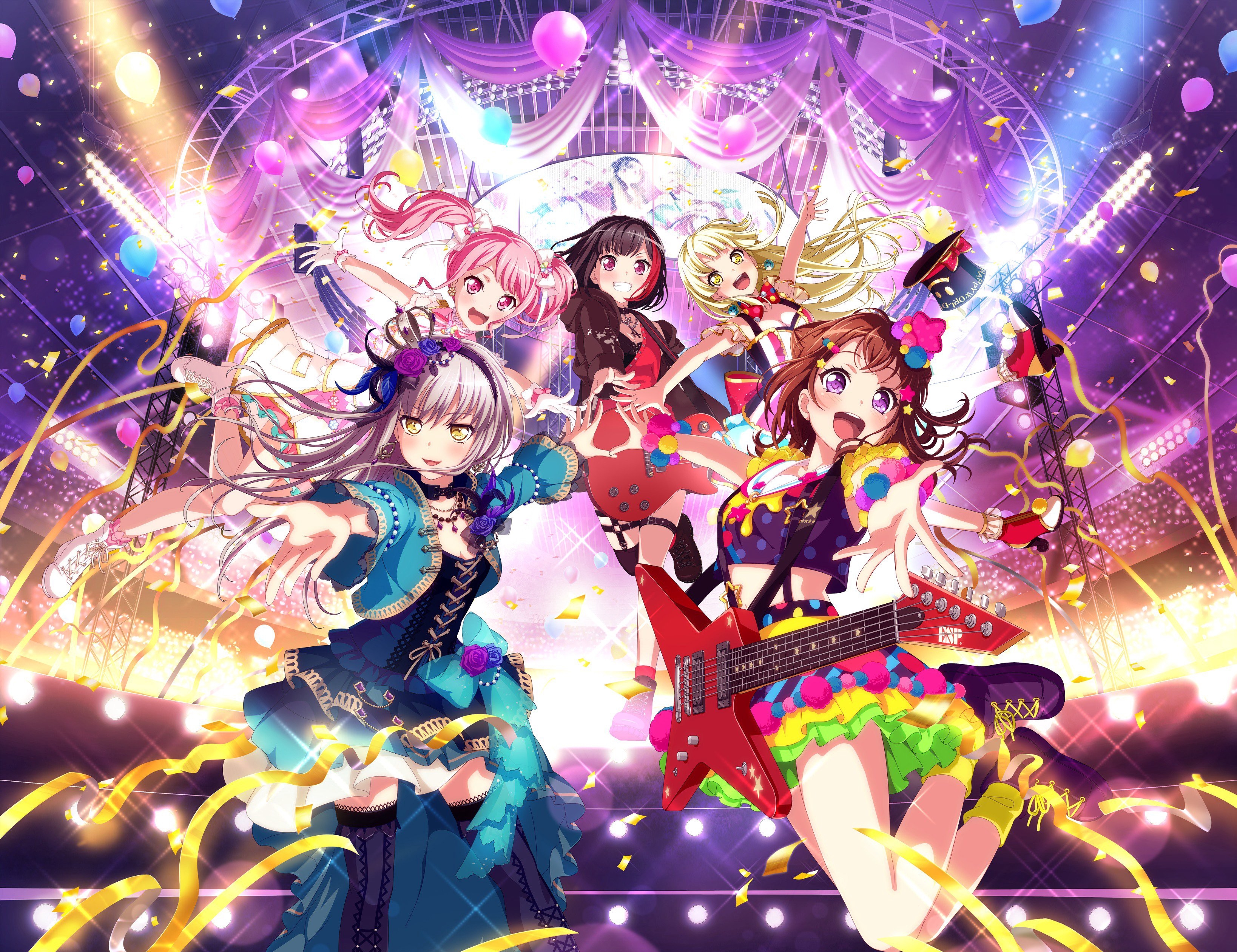 anime, bang dream! girls band party!, aya maruyama, kokoro tsurumaki, ran mitake, toyama kasumi, yukina minato