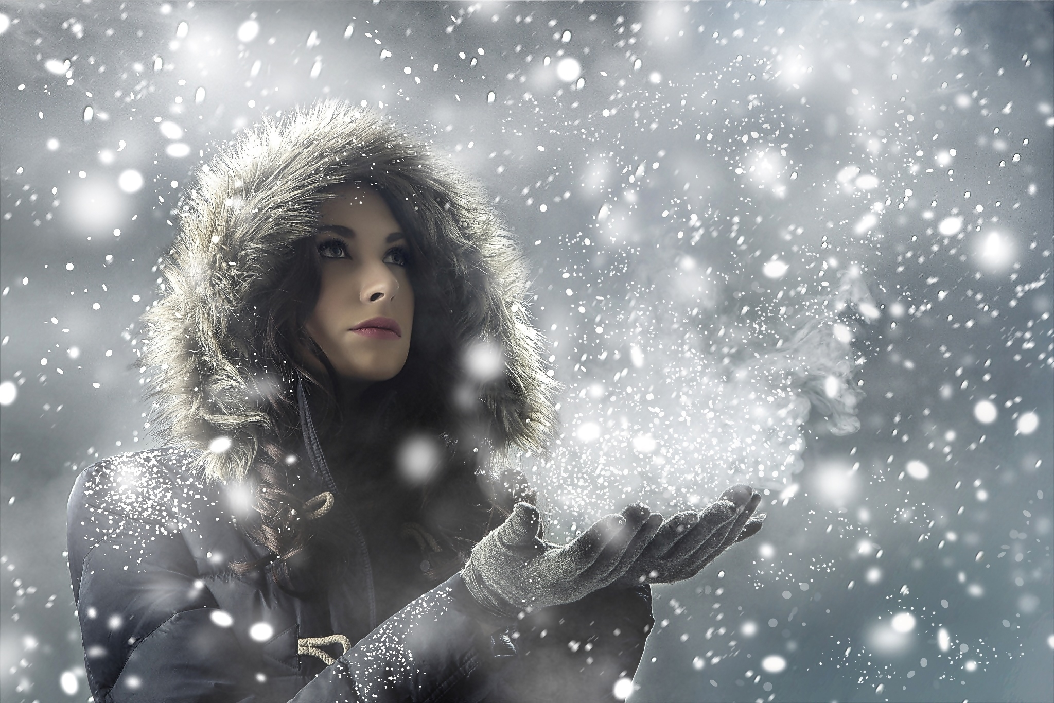 Free download wallpaper Winter, Snow, Mood, Coat, Women, Snowfall on your PC desktop
