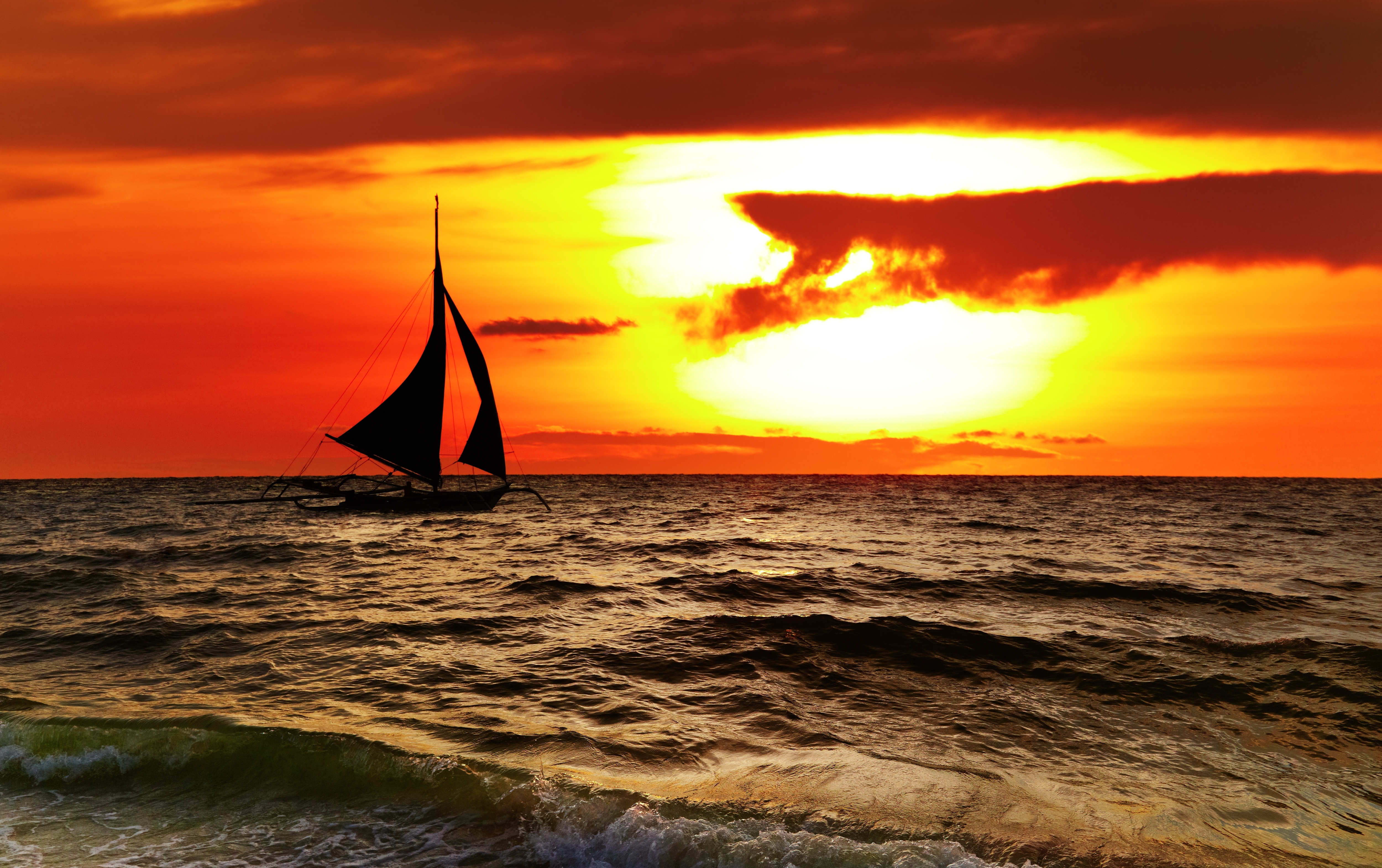Download mobile wallpaper Sunset, Sea, Sailboat, Cloud, Wave, Vehicles for free.