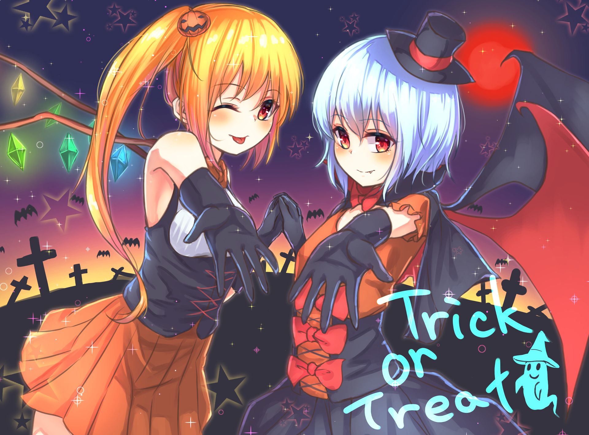 Download mobile wallpaper Anime, Halloween, Pumpkin, Remilia Scarlet, Flandre Scarlet, Touhou for free.