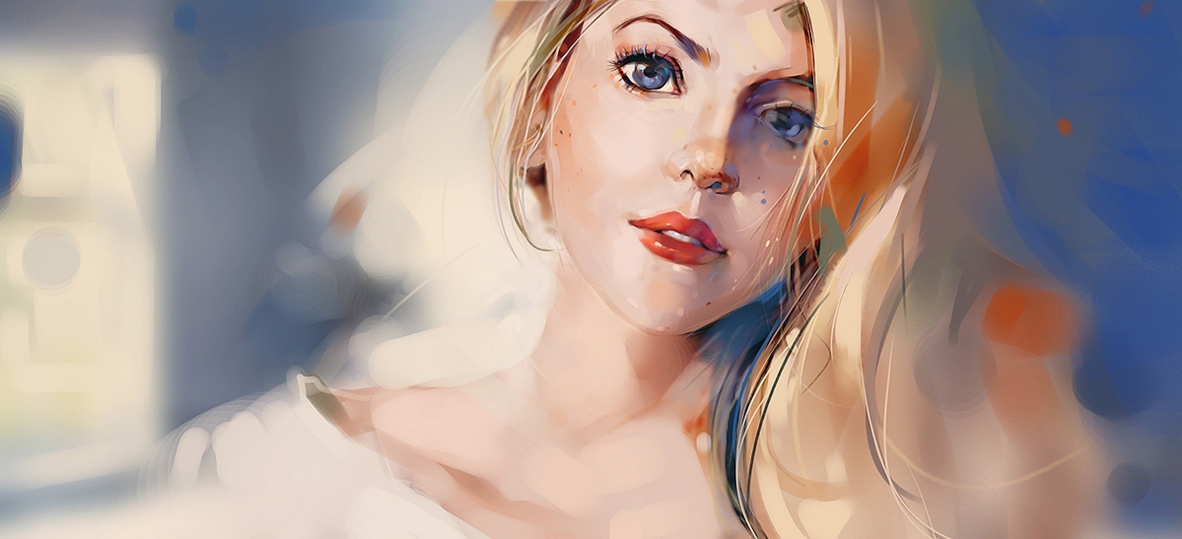Download mobile wallpaper Drawing, Artistic, Blonde, Face, Blue Eyes for free.
