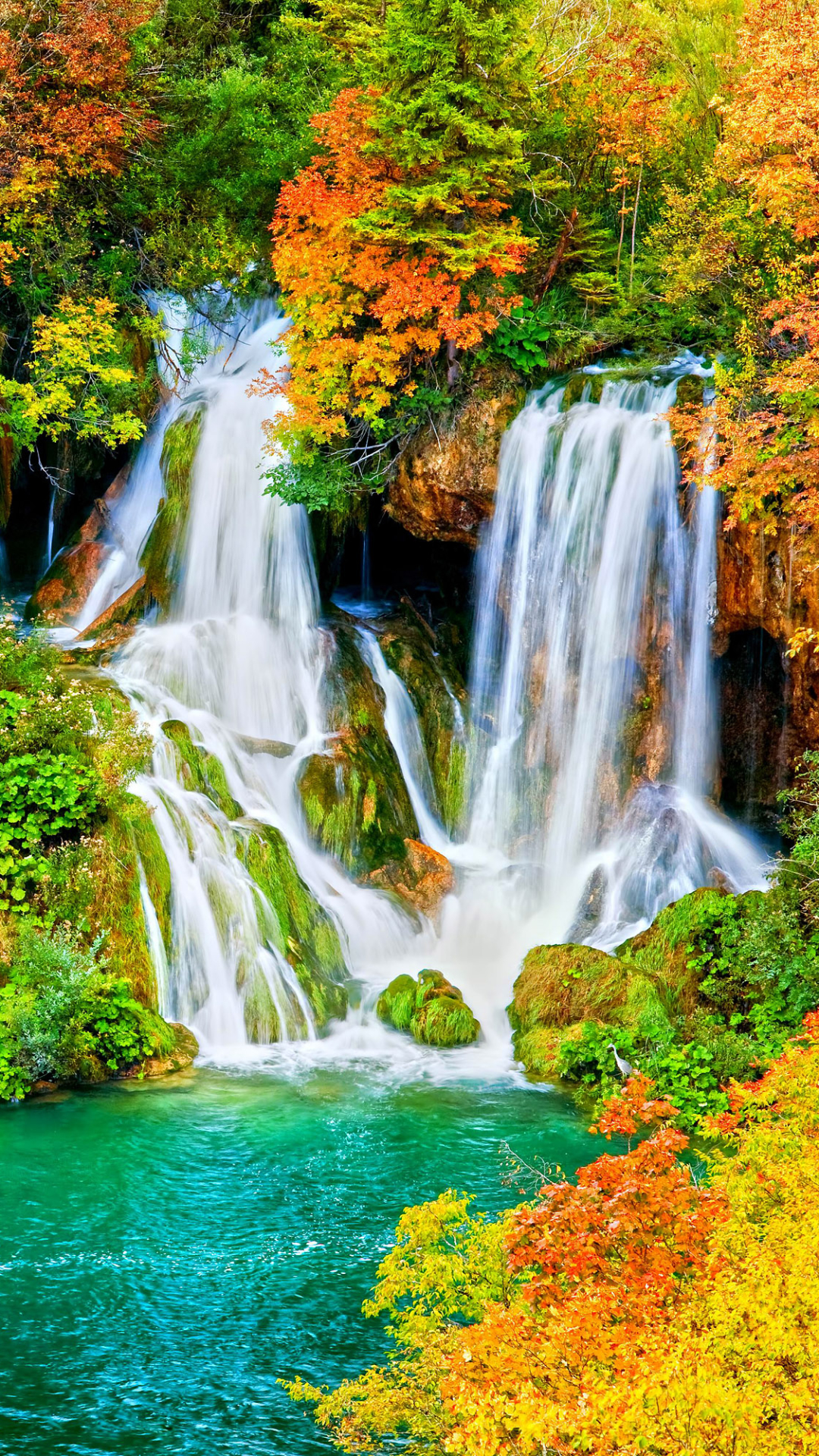 Descarga gratuita de fondo de pantalla para móvil de Otoño, Cascadas, Cascada, Bosque, Árbol, Tierra, Tierra/naturaleza.