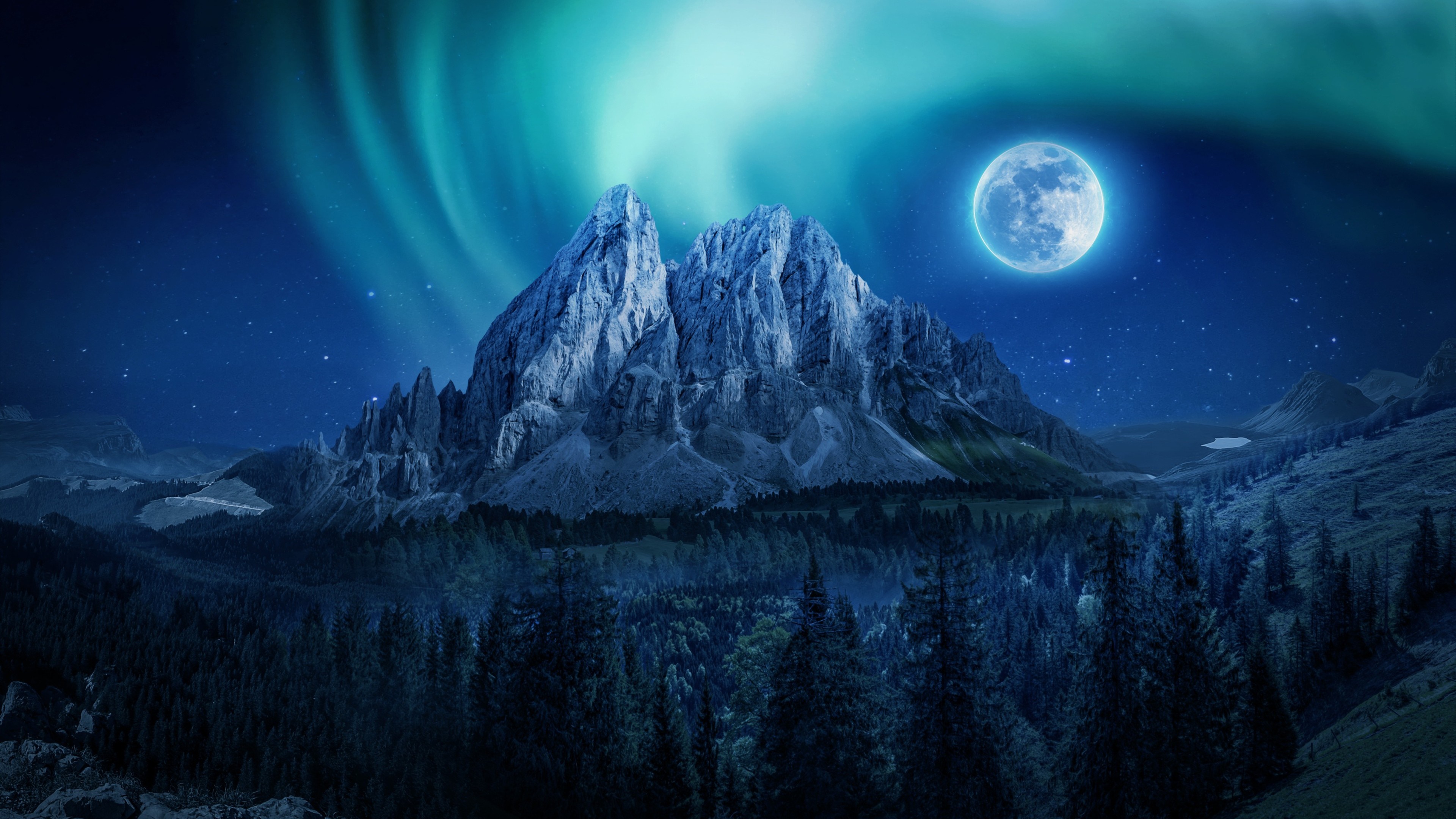 full moon, earth, mountain, aurora borealis, night, mountains
