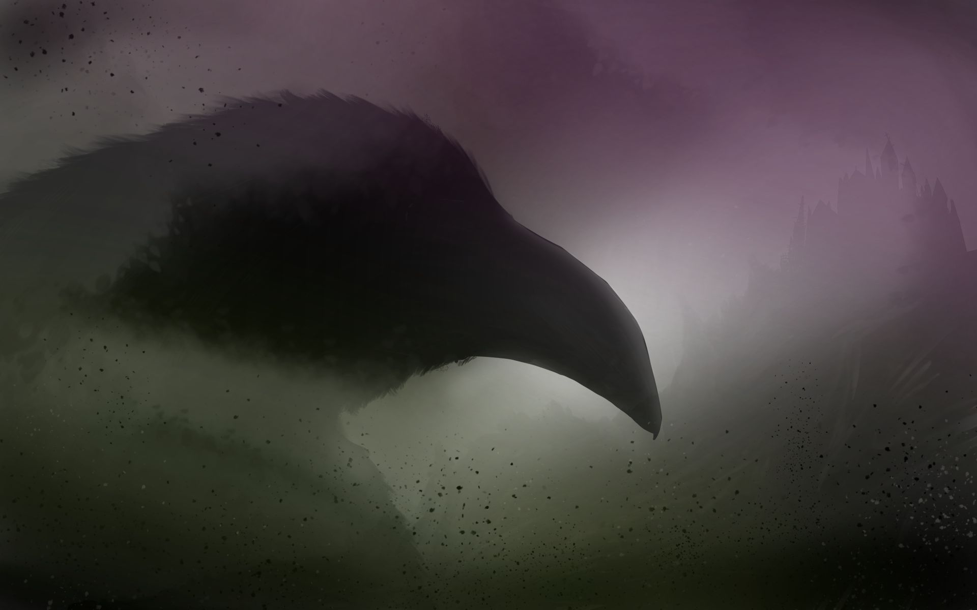 Download mobile wallpaper Birds, Dark, Bird, Fog, Drawing, Animal, Castle for free.