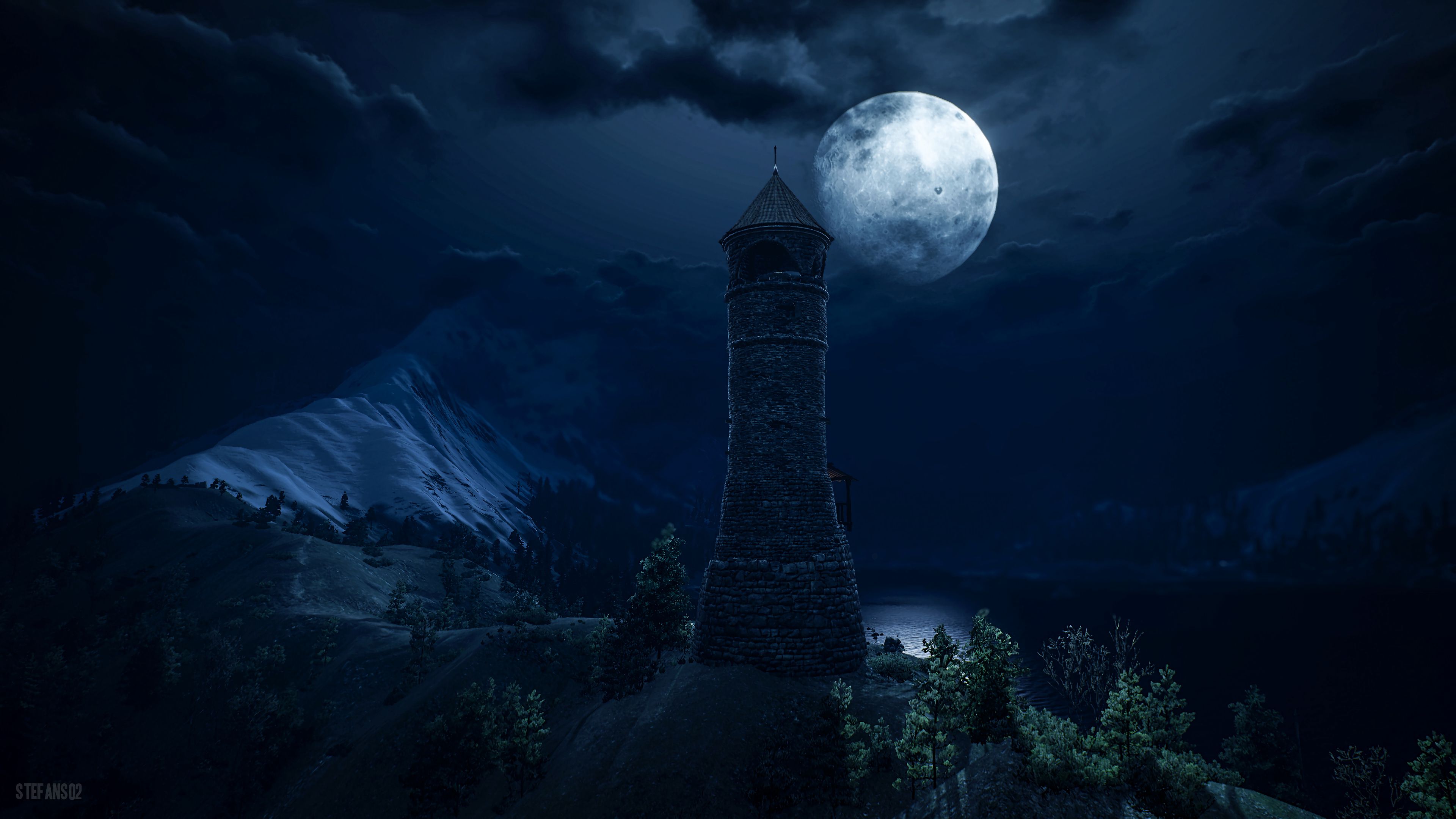 fantastic, tower, dark, art, lighthouse, full moon phone wallpaper