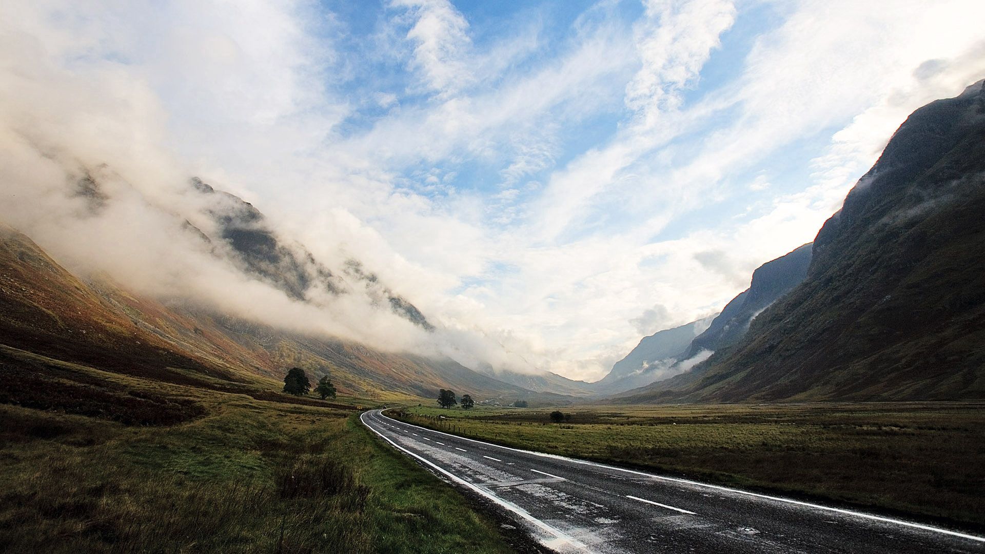 clouds, wet, nature, sky, mountains, road, asphalt, path, haze, valley, way, unknown, obscurity