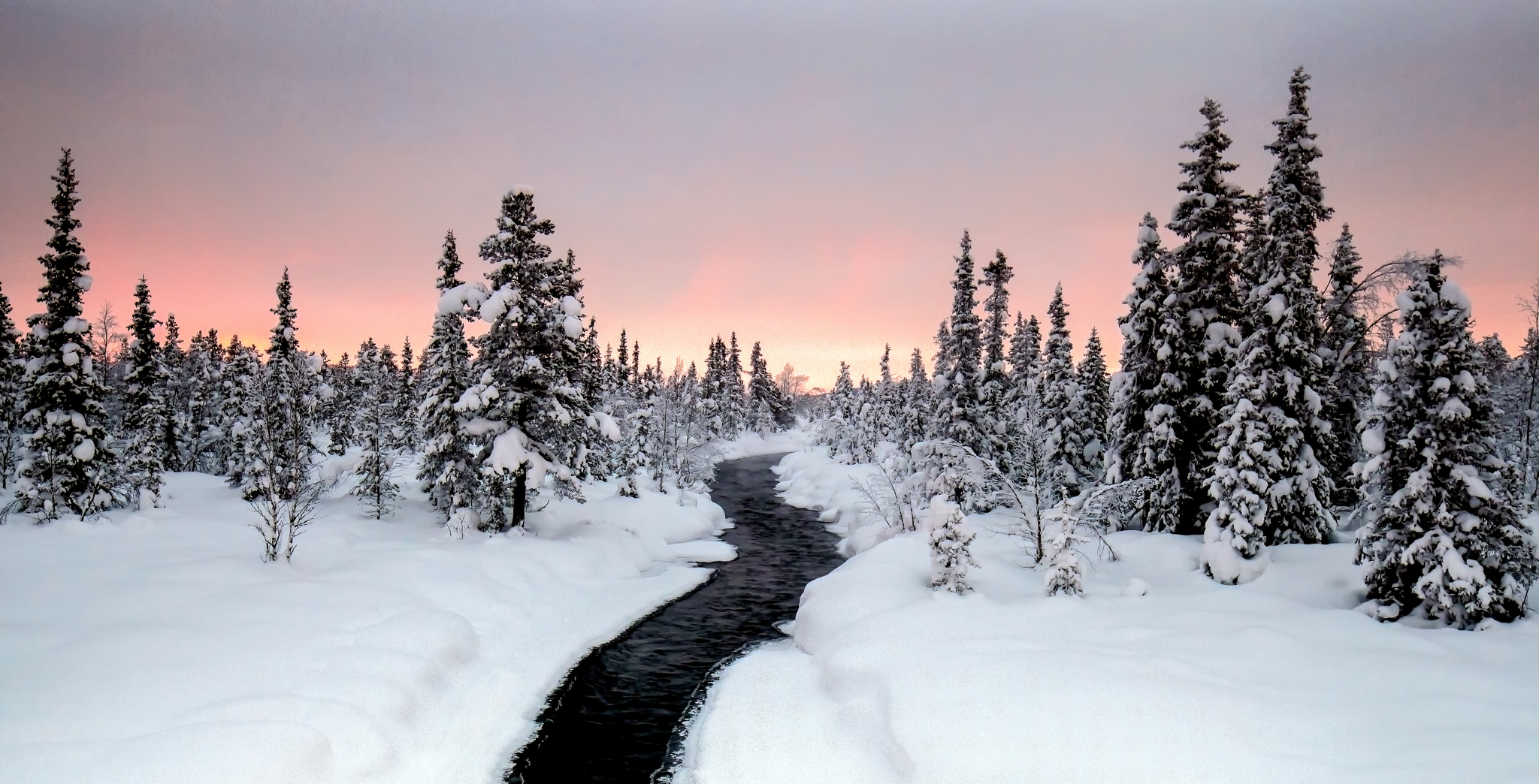 Скачать обои бесплатно Зима, Природа, Снег, Лес, Ручей, Ландшафт, Земля/природа картинка на рабочий стол ПК