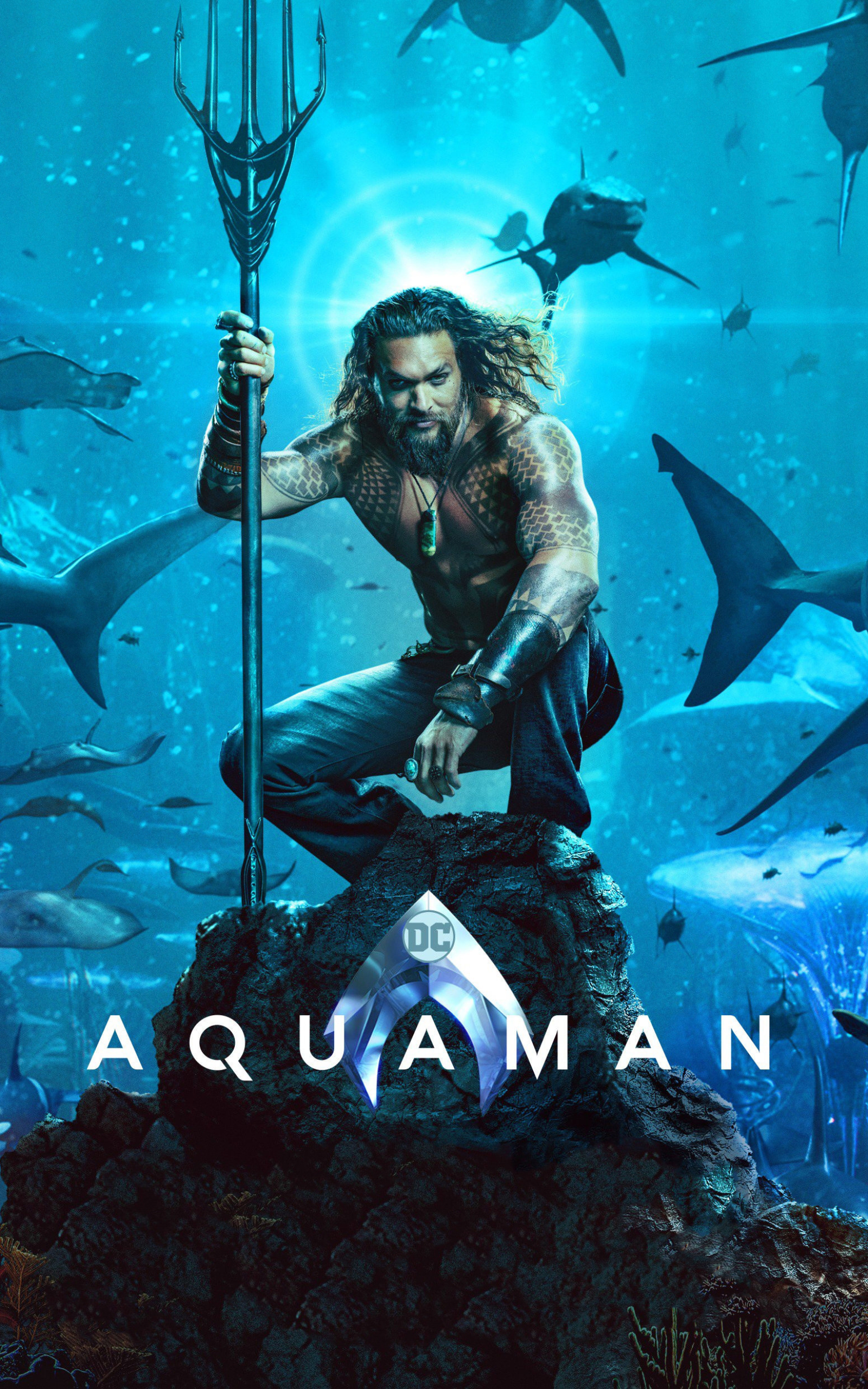 movie, aquaman, superhero, jason momoa, water, trident, dc comics, great white shark, arthur curry Full HD