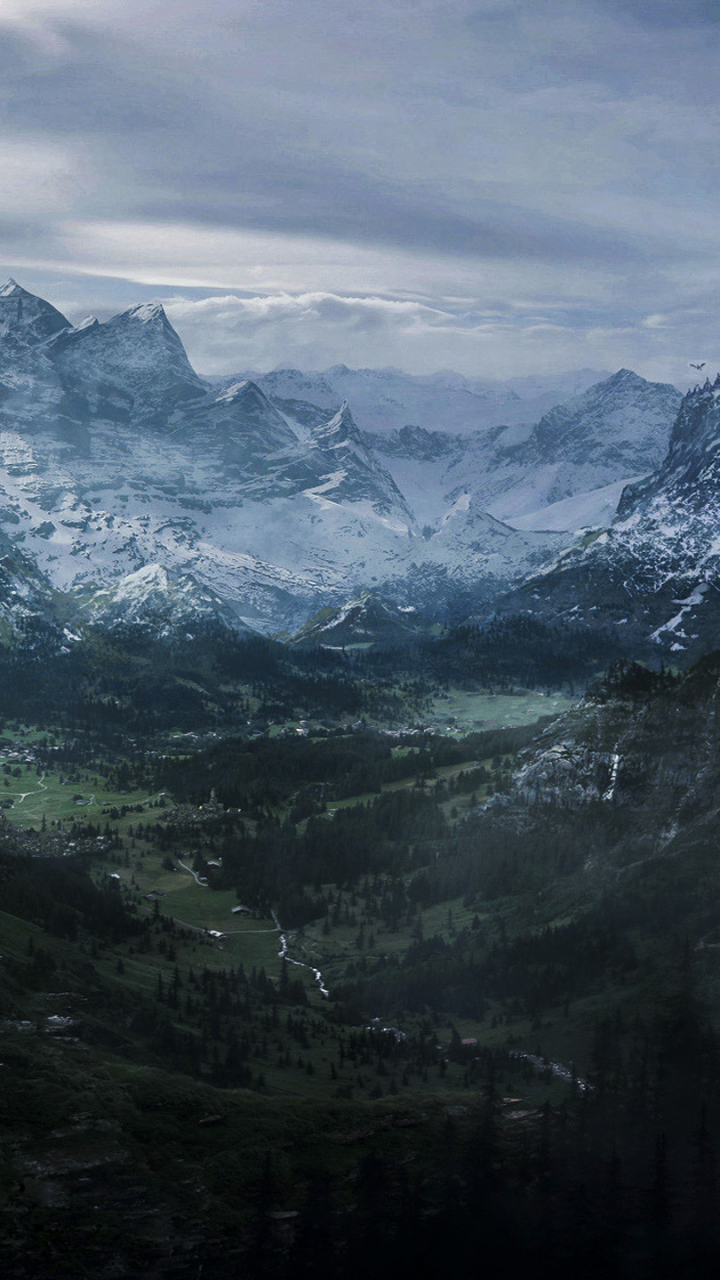 Скачати мобільні шпалери Пейзаж, Річка, Сніг, Скеля, Гора, Ліс, Дракон, Фантазія, Відеогра, Skyrim, The Elder Scrolls V: Skyrim, The Elder Scrolls безкоштовно.