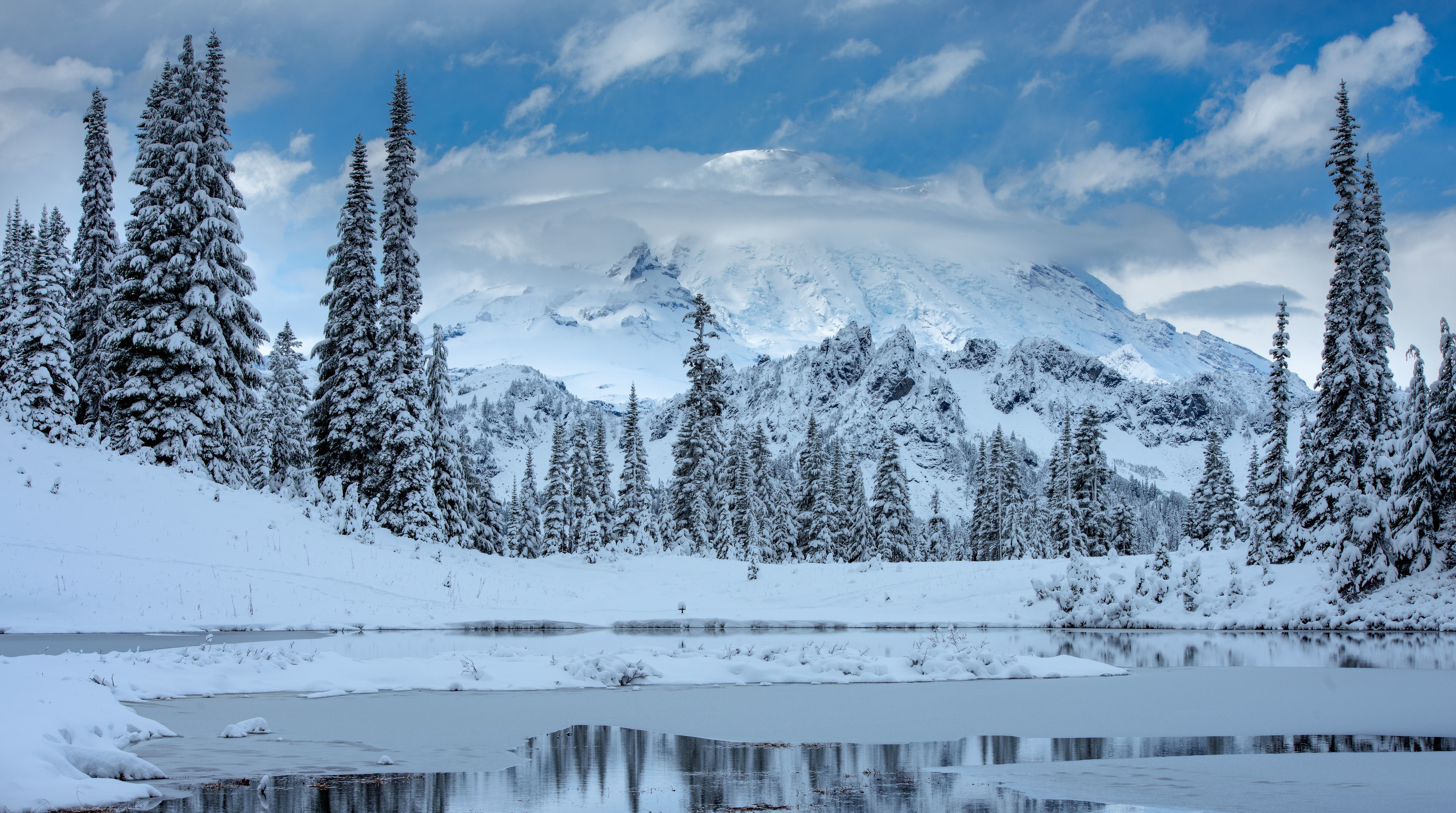 Free download wallpaper Landscape, Winter, Nature, Mountains, Snow, Mountain, Earth, Mount Rainier on your PC desktop