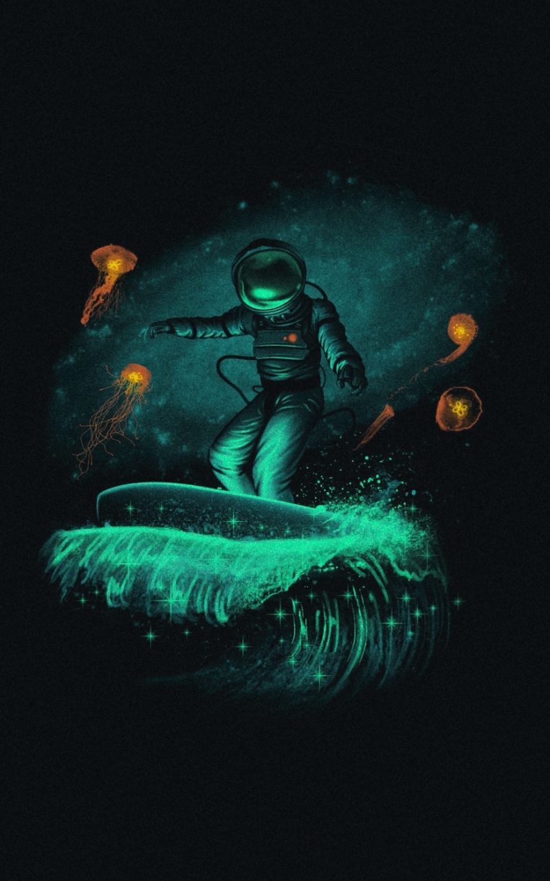 Download mobile wallpaper Jellyfish, Sci Fi, Astronaut, Surfing for free.