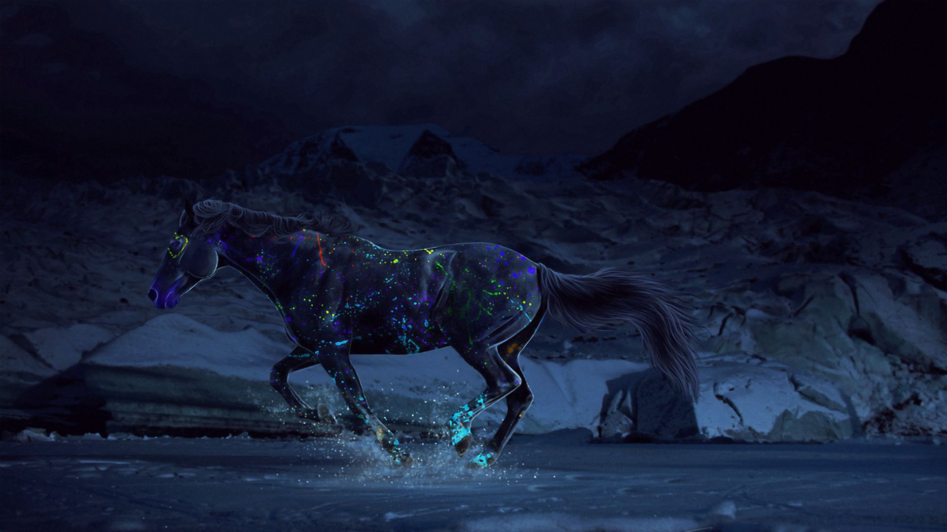 water, fantasy, night, paints, horse, gallop