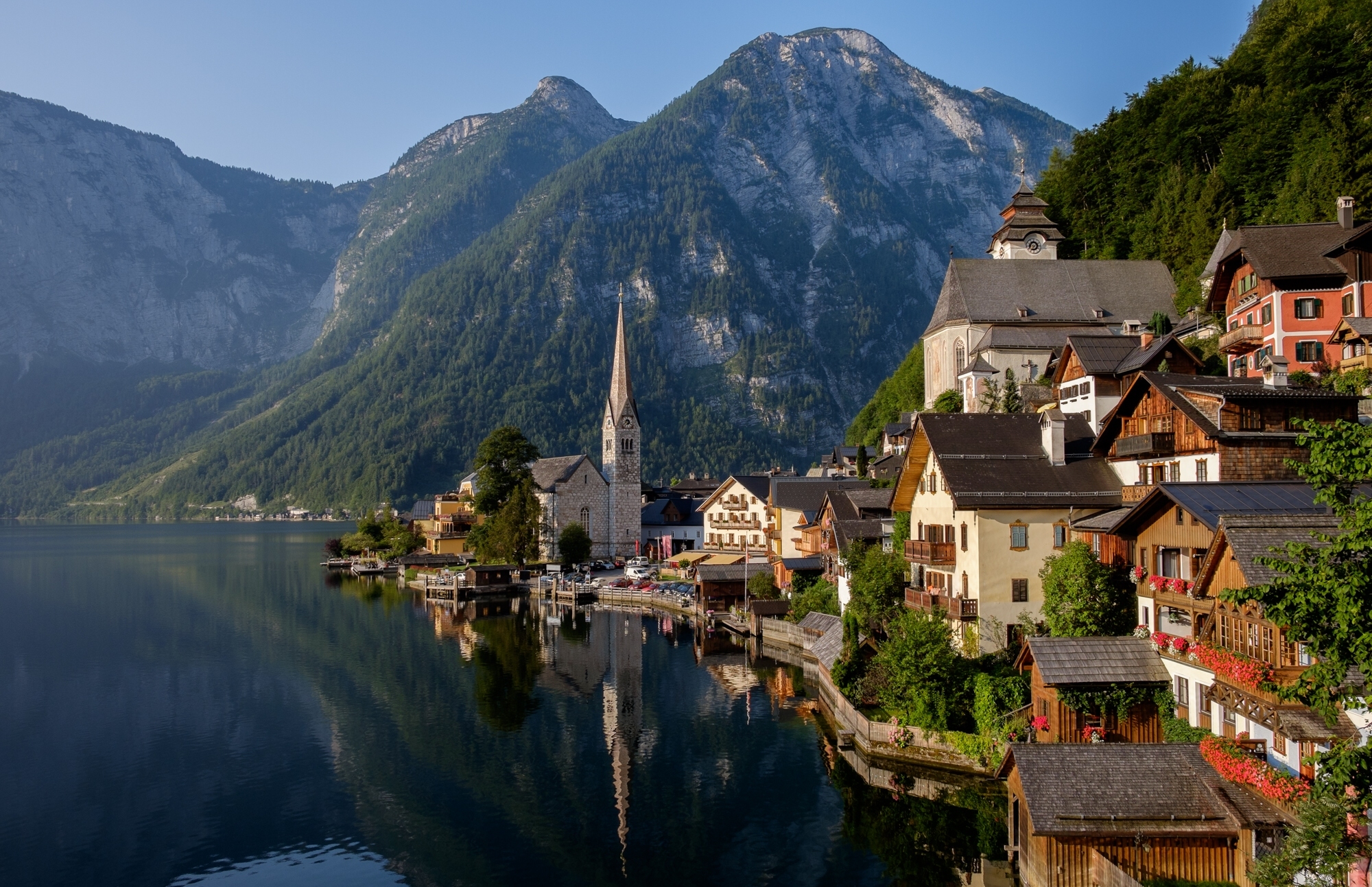 無料モバイル壁紙湖, 山, オーストリア, アルプス, ハルシュタット, マンメイド, タウンズをダウンロードします。