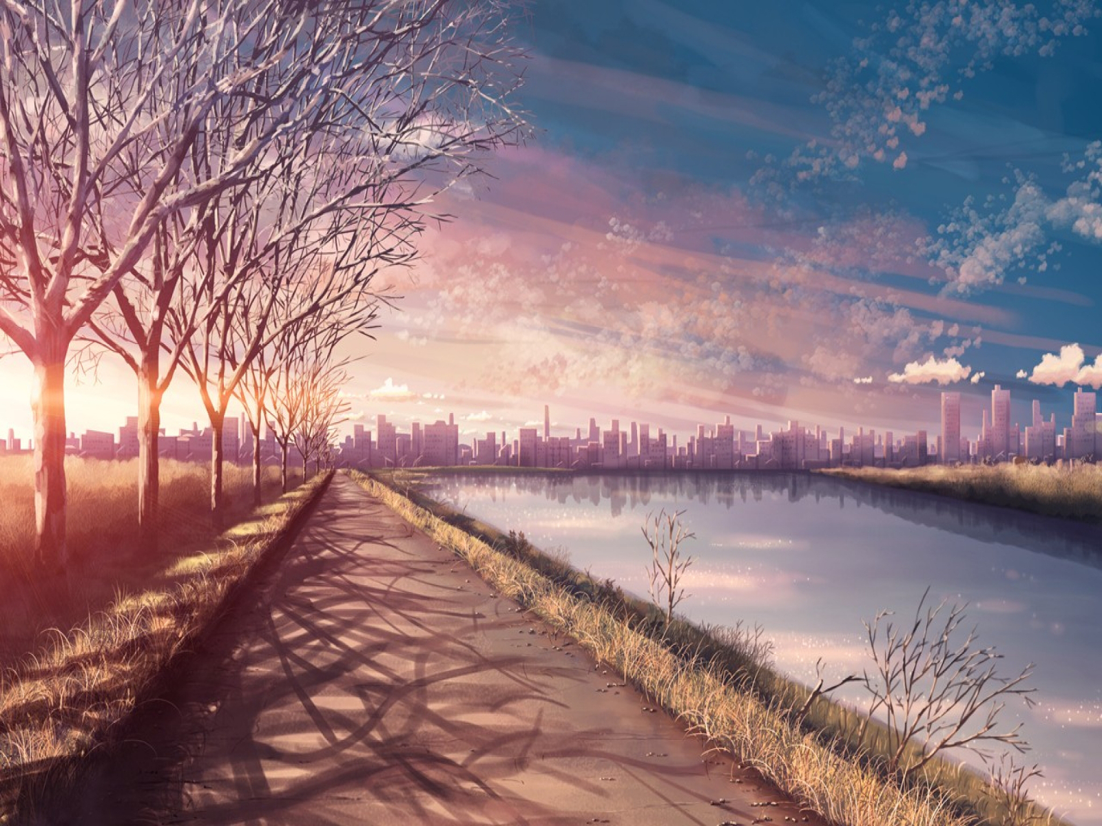 landscape, sky, tree, city, anime, river, sunset