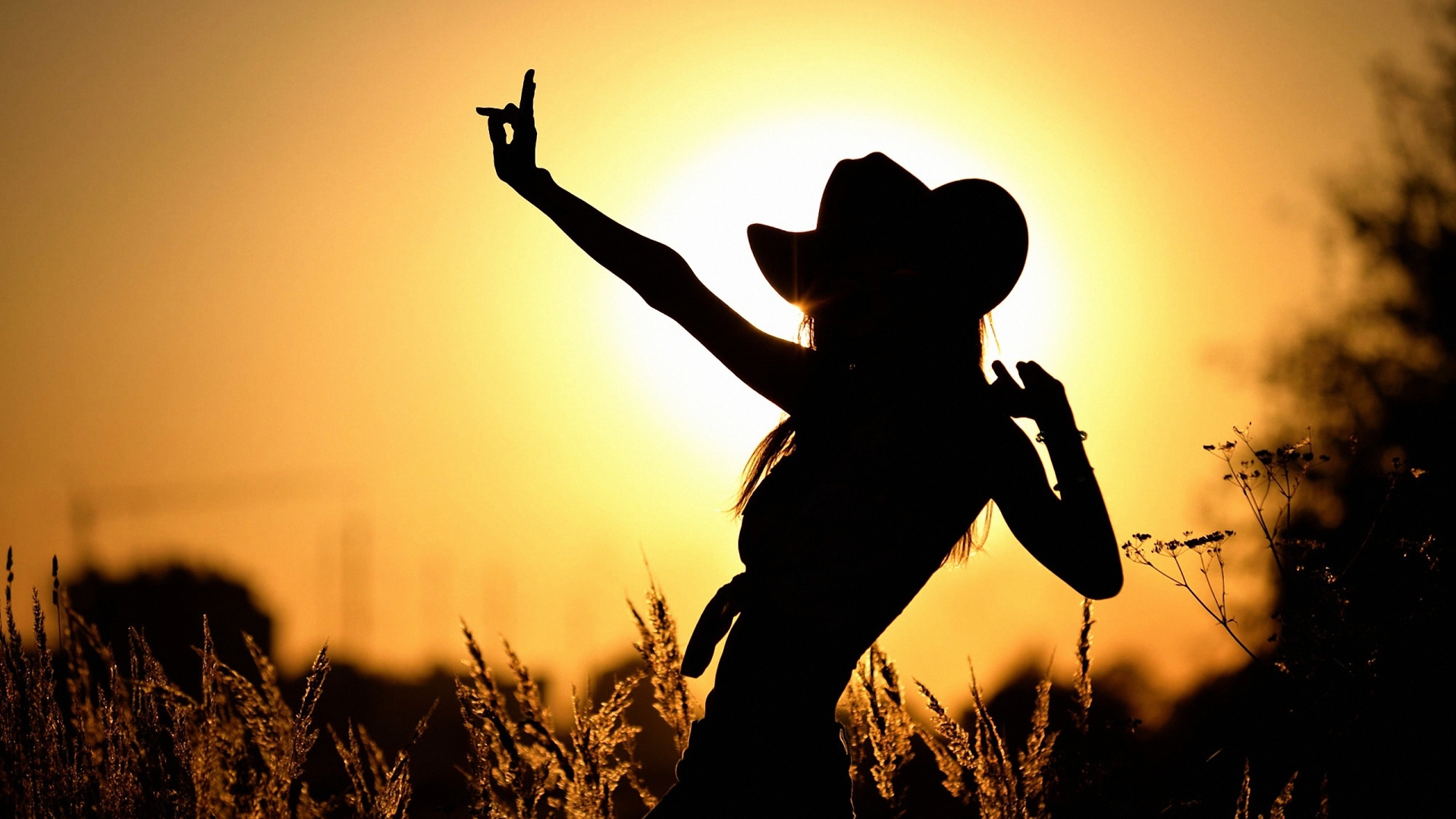 sunset, women, cowgirl, hat, silhouette
