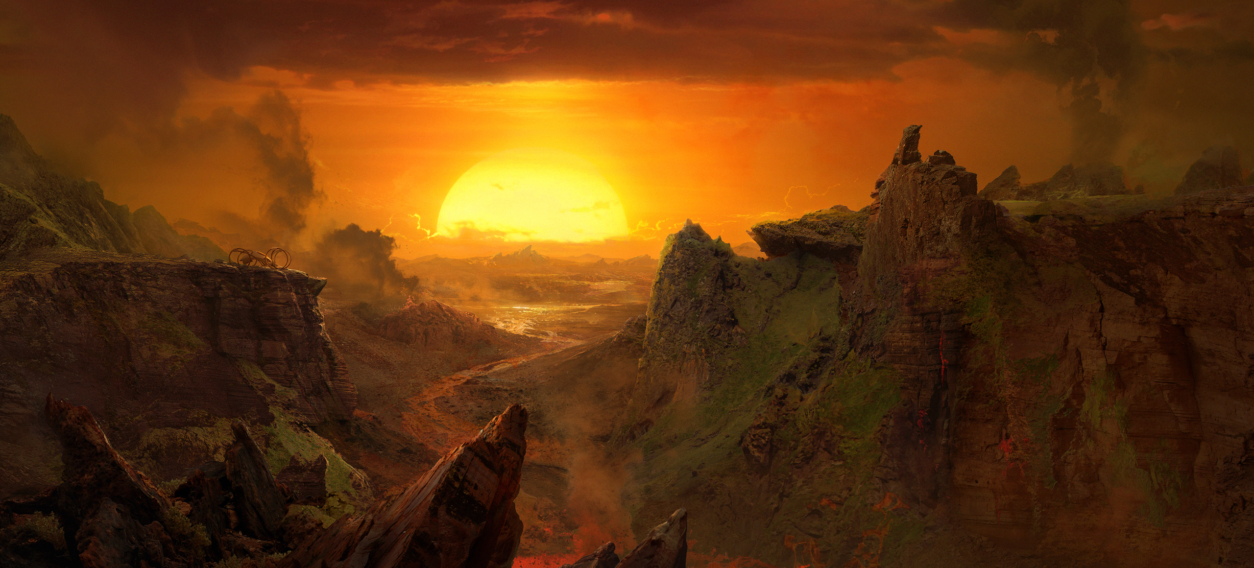Download mobile wallpaper Landscape, Sunset, Sun, Canyon, Earth, Sci Fi for free.