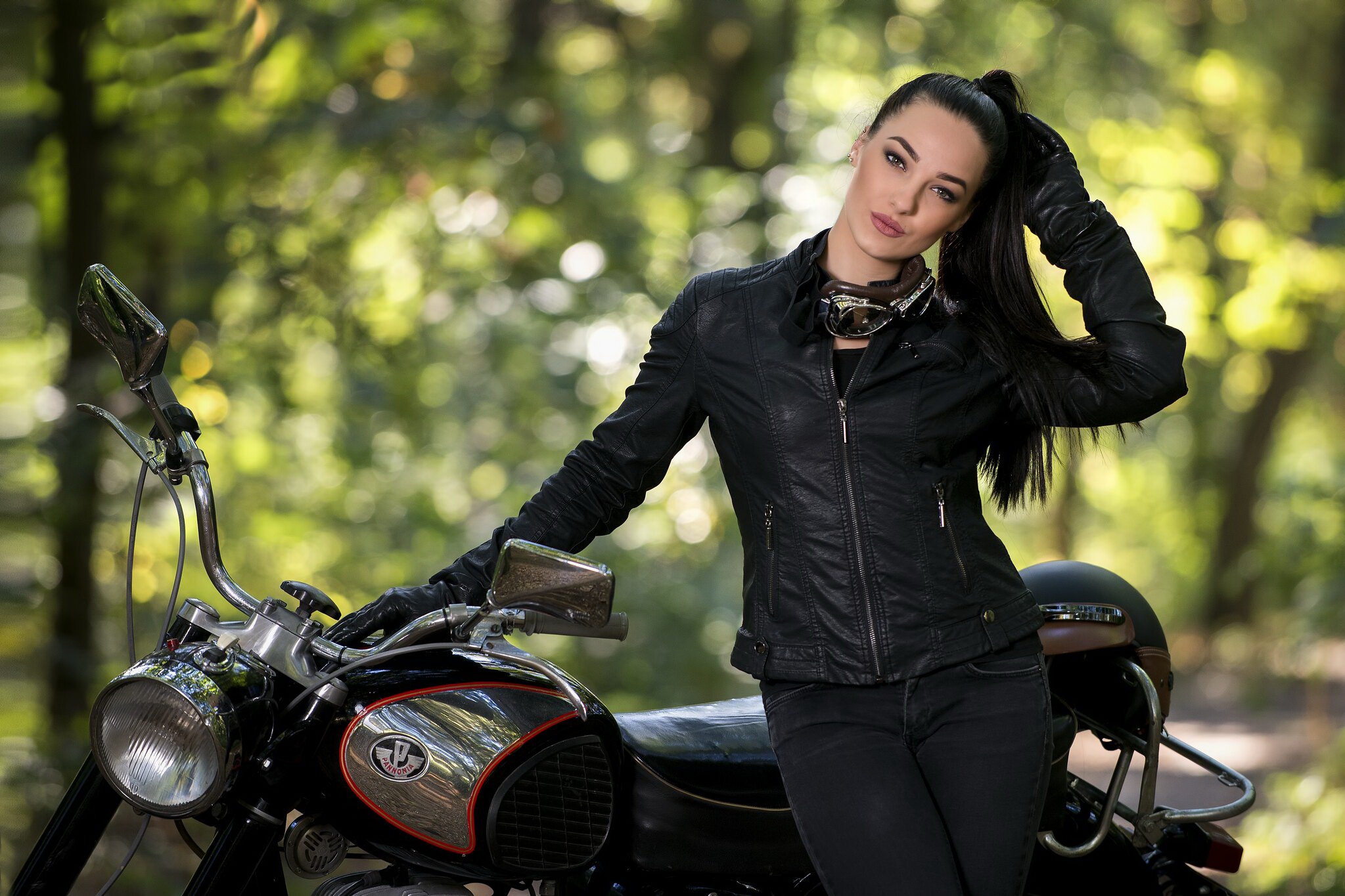Download mobile wallpaper Motorcycle, Model, Women, Black Hair, Depth Of Field, Ponytail, Leather Jacket, Pannonia for free.