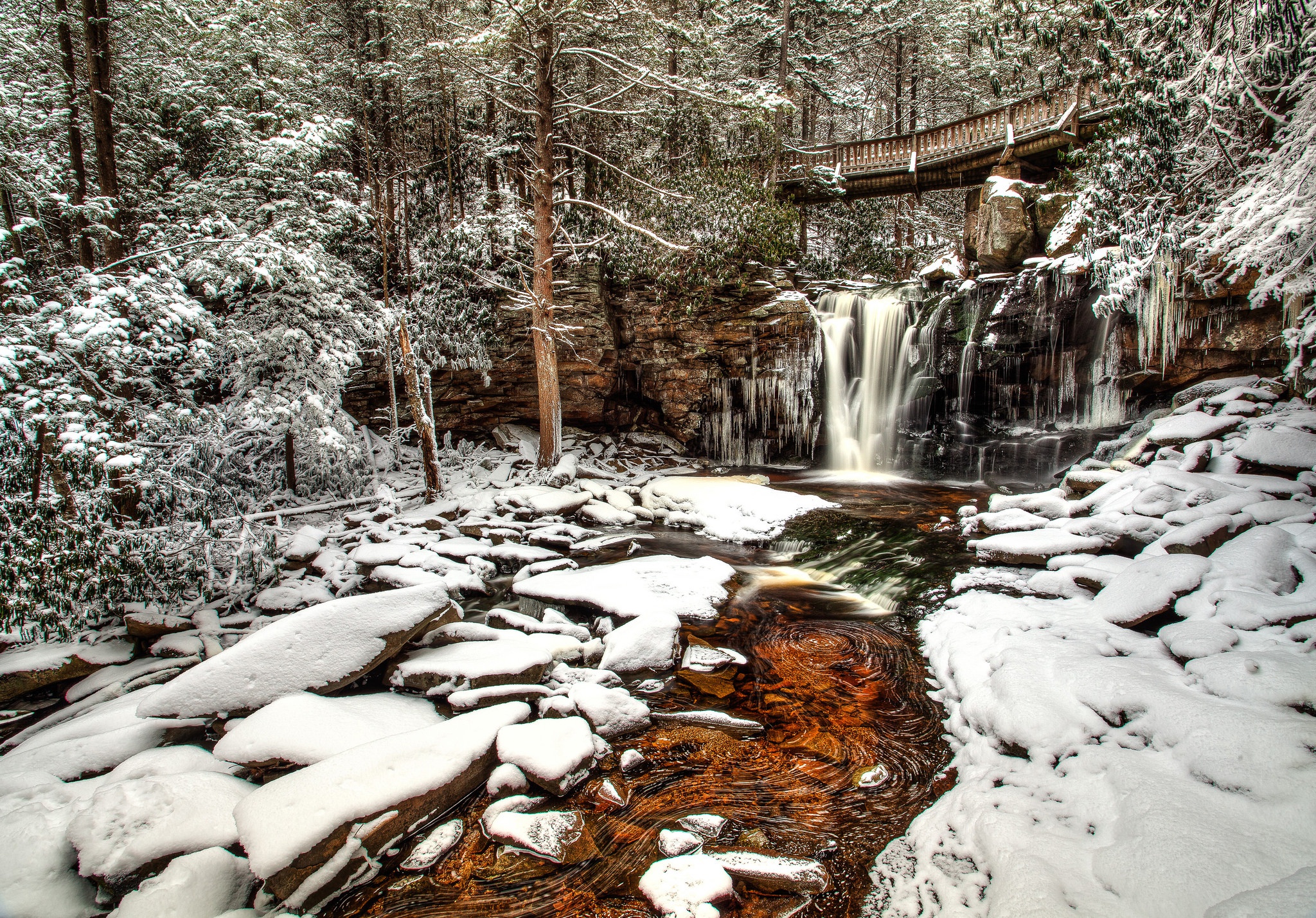 Free download wallpaper Winter, Nature, Waterfalls, Snow, Waterfall, Forest, Earth, River on your PC desktop