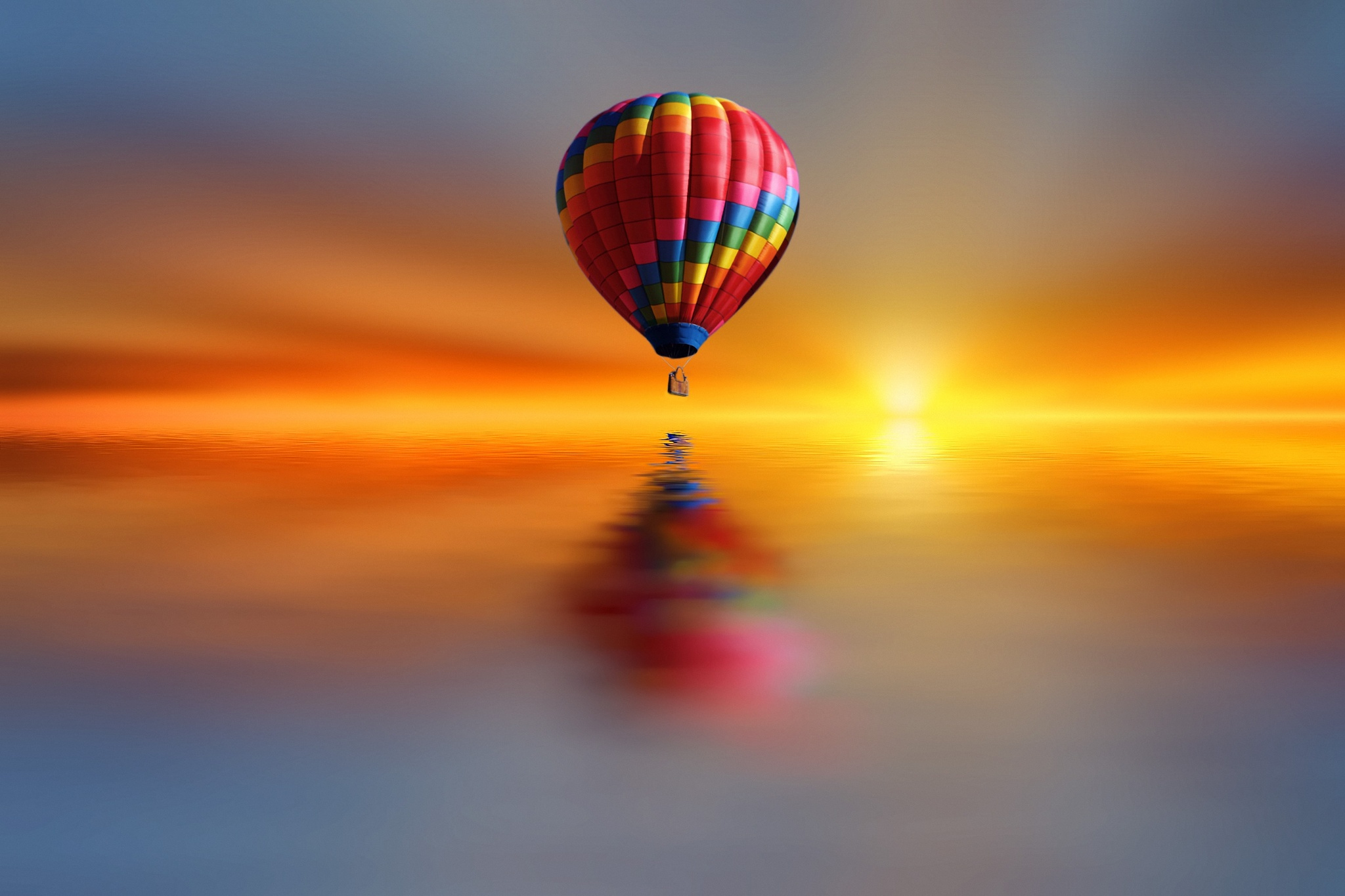 Laden Sie das Sonnenuntergang, Fahrzeuge, Spiegelung, Heißluftballon-Bild kostenlos auf Ihren PC-Desktop herunter