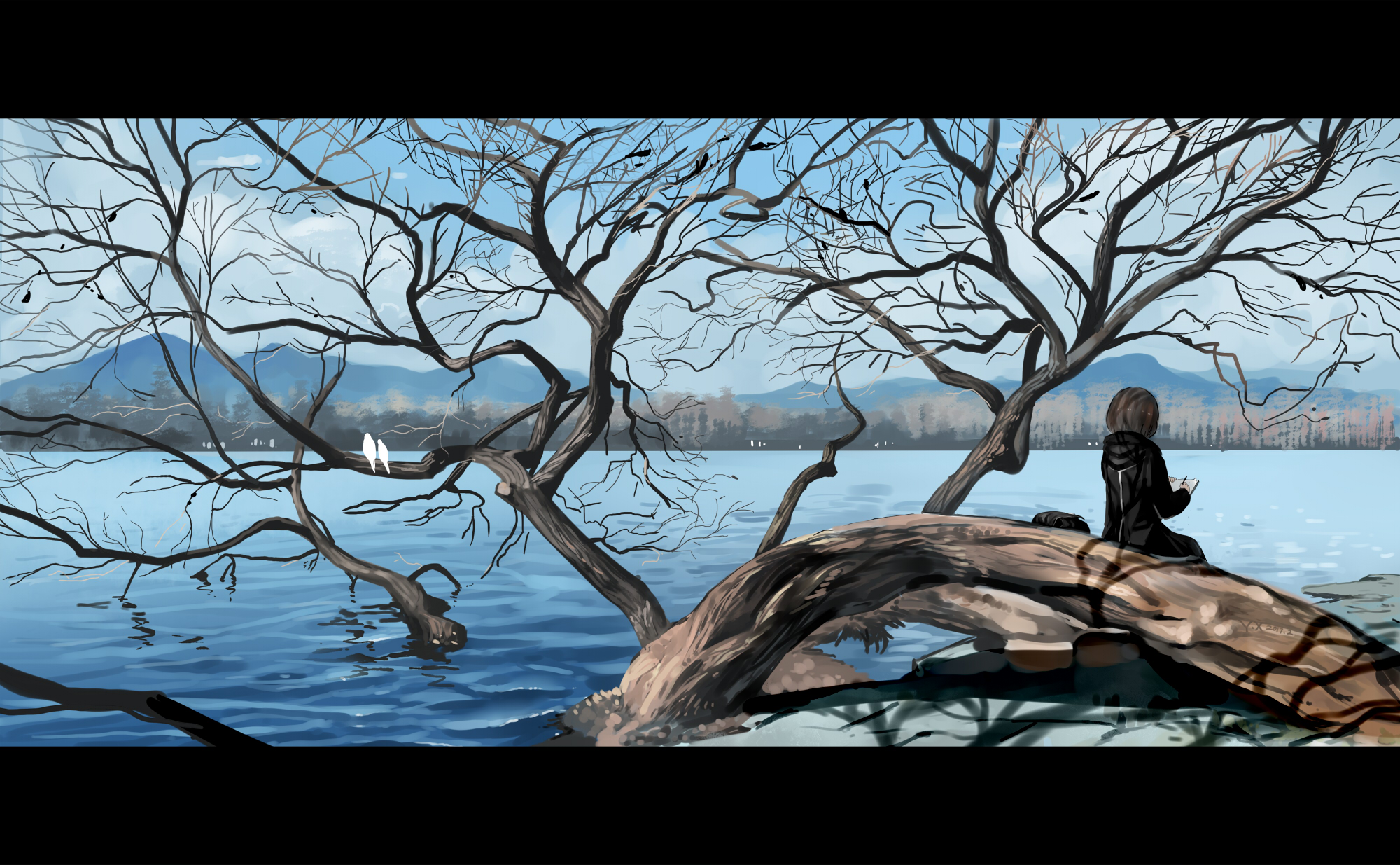 PCデスクトップに水, 湖, 山, 空, アニメ, オリジナル, ねじれた木画像を無料でダウンロード