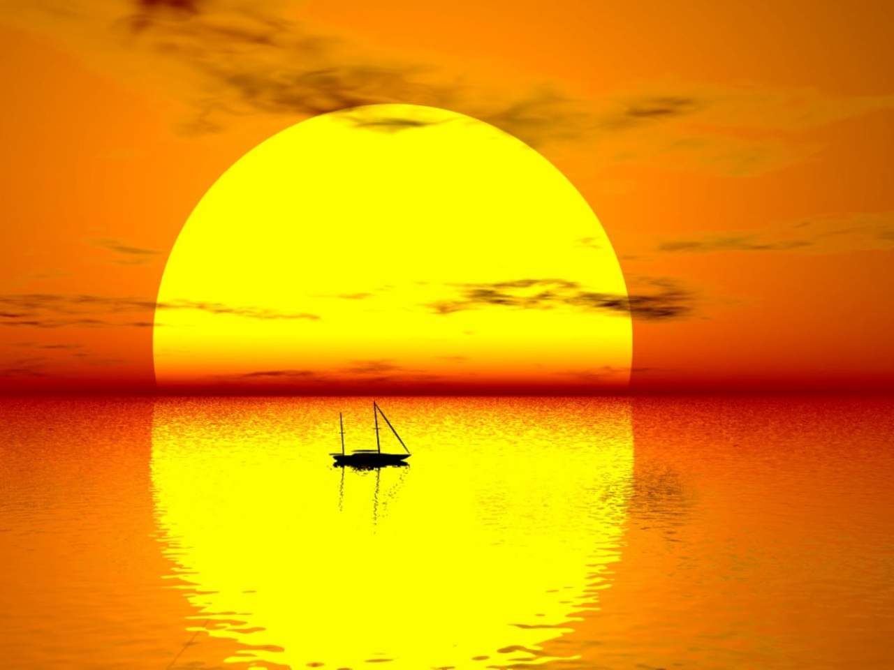 landscape, sunset, sea, yachts, yellow