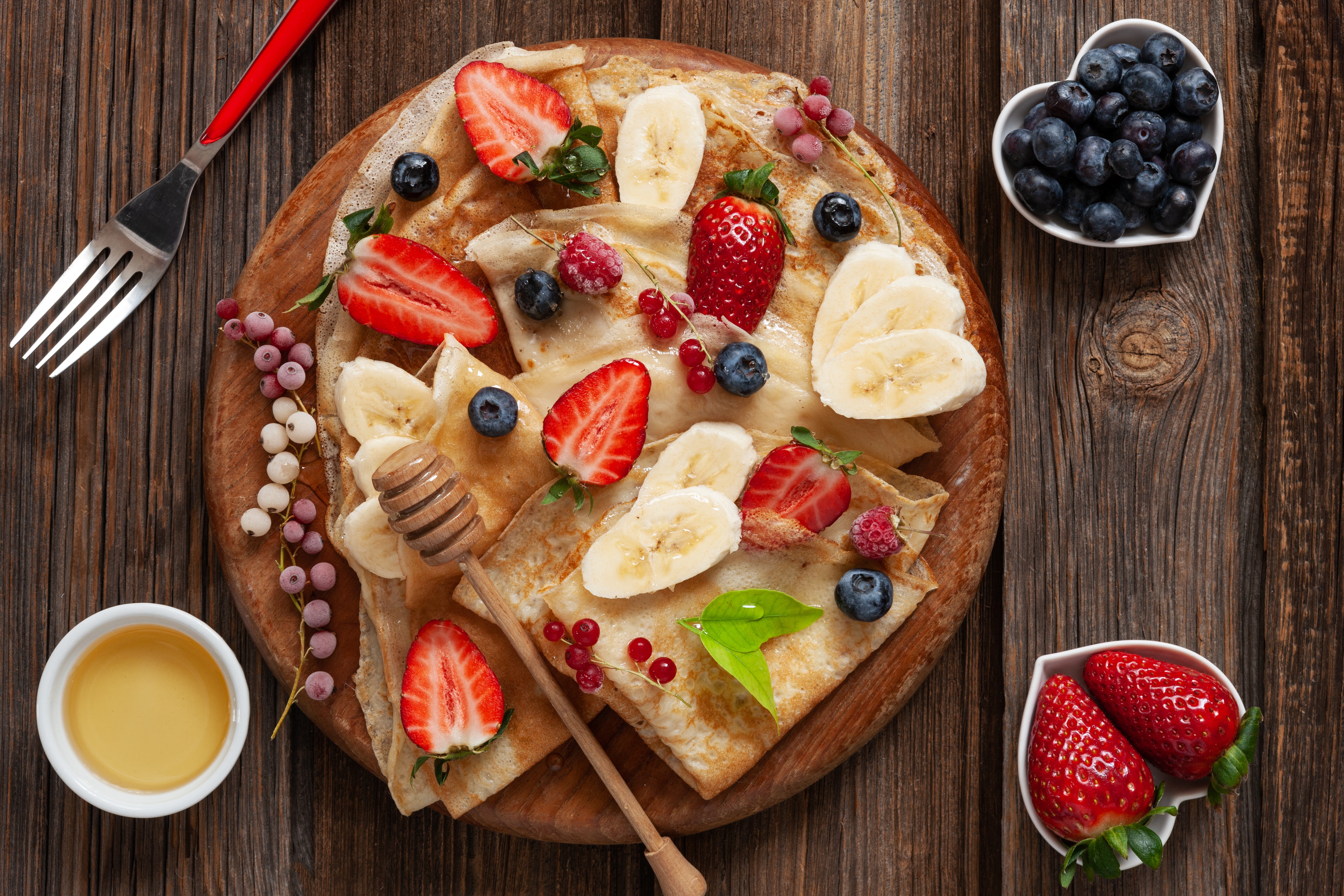 Download mobile wallpaper Food, Strawberry, Still Life, Berry, Fruit, Honey, Banana, Breakfast, Crêpe for free.