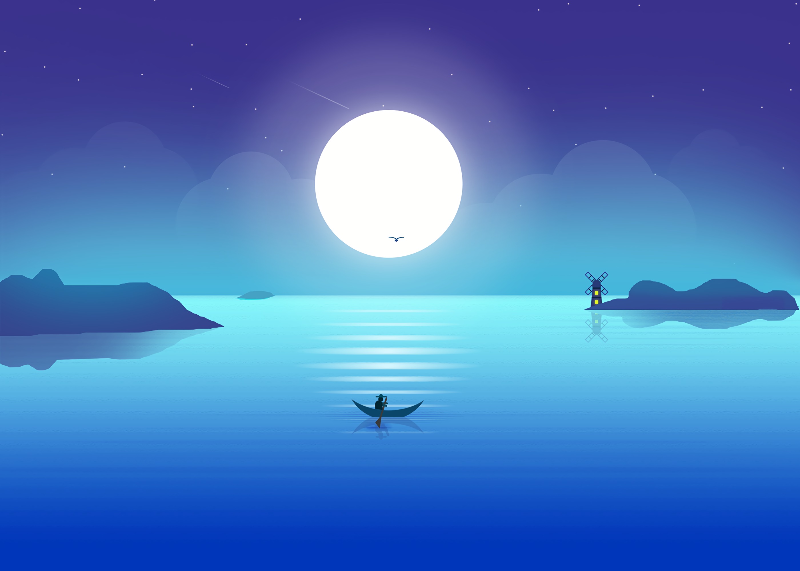 horizon, art, fisherman, moon, boat download HD wallpaper