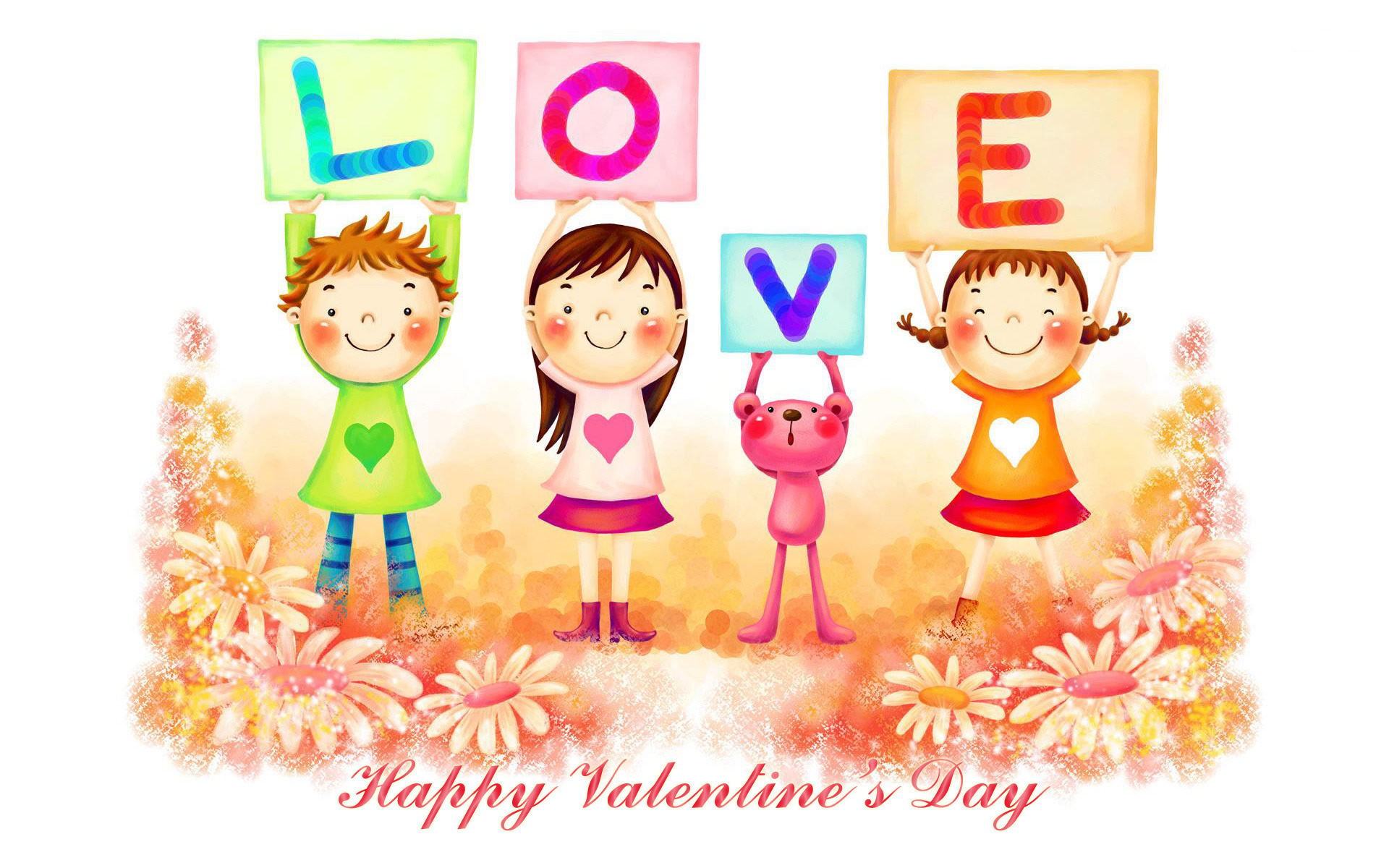 Download mobile wallpaper Valentine's Day, Love, Teddy Bear, Flower, Holiday, Heart, Child, Daisy for free.