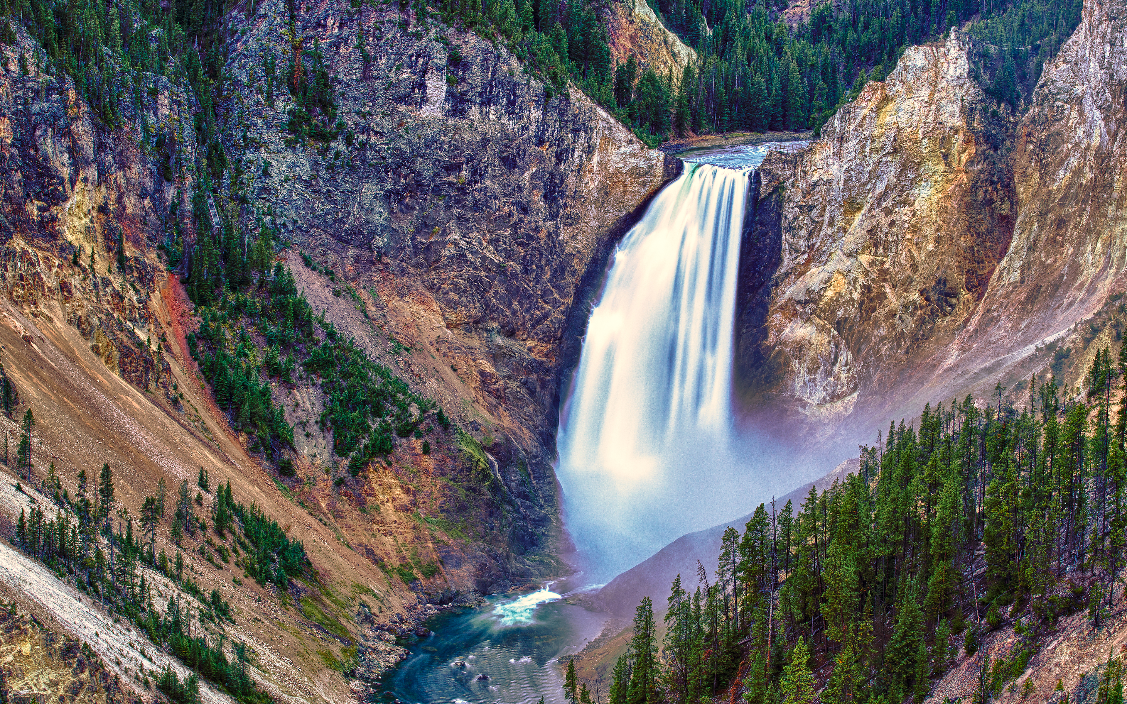 yellowstone, landscape, waterfalls, earth, waterfall, cliff, nature, river, water