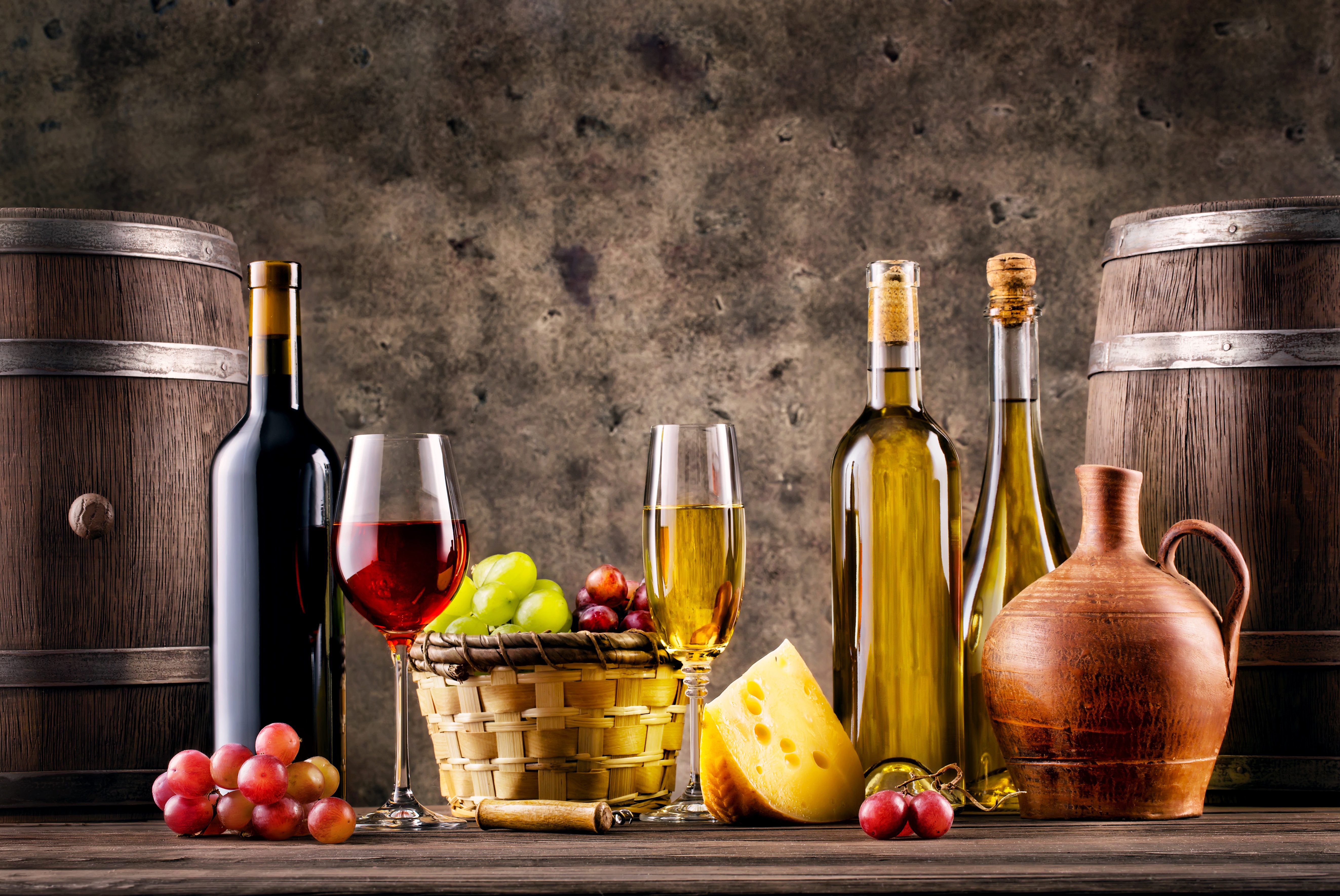 grapes, food, still life, barrel, bottle, glass, oil, wine